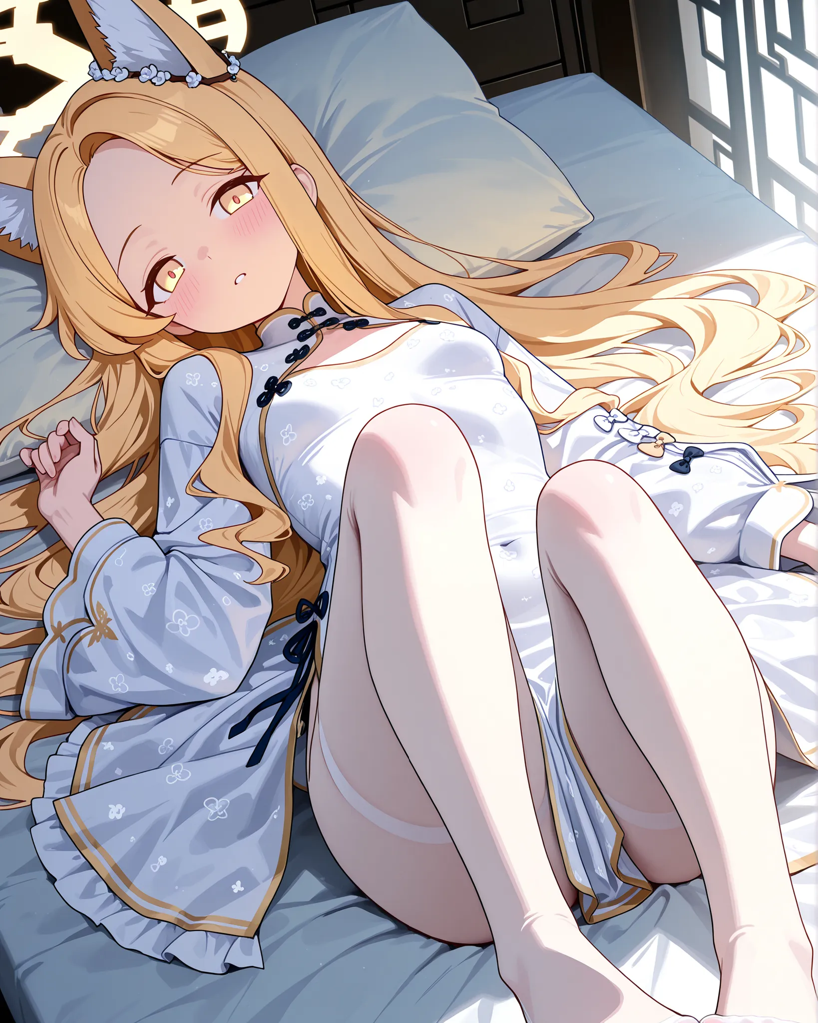 Yurizono Seia from Blue Archive wearing a black chinese outfit, yellow Hair color, yellow eyes, 1girl, solo, regretful facial expression, short dressed in white transparent nightgown with white pattern, thin fabric scattered openly from the knees upwards, ...