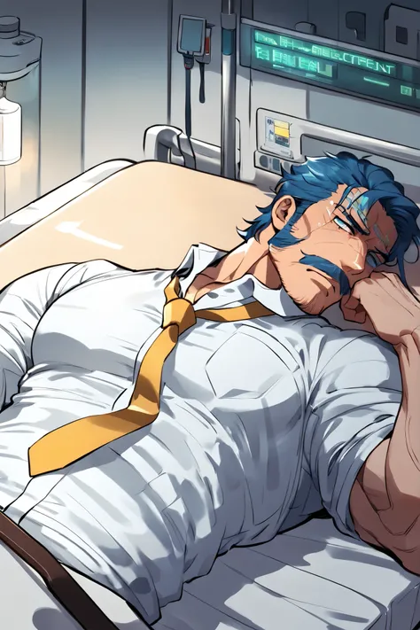 A middle-aged hospitalized mafia boss man, he got a bad case of heatstroke, he is hospitalized patient, Detailed face, Captivating look, moustache, Masculine face, Muscular body, Prominent veins, wearing white shirt and yellow tie and dark bule pants, blue...