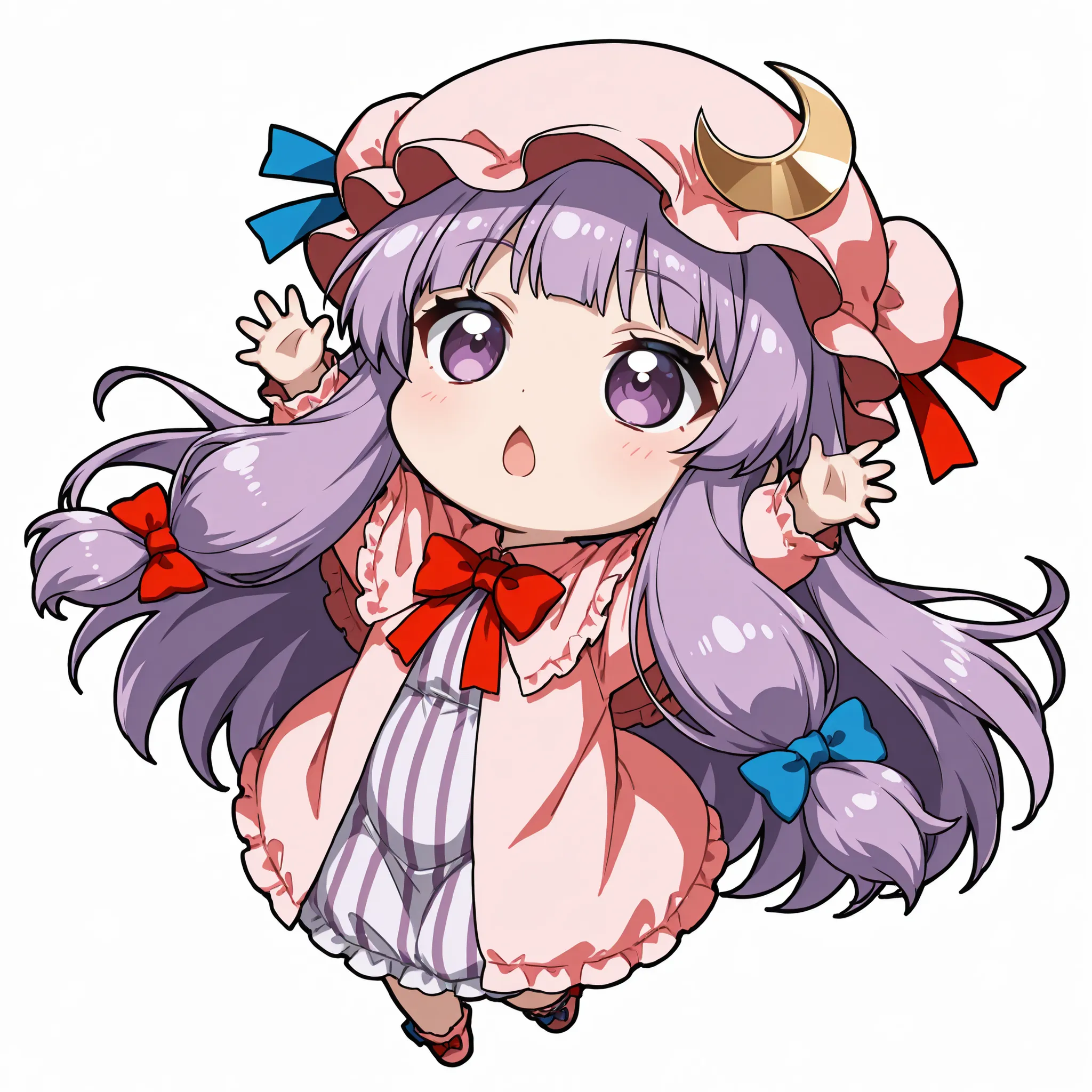 ((Masterpiece)),((best quality)),((incredibly absurdres)),((8K)),(anime style), 
1 (chibi girl),(anime chibi),solo,patchouli knowledge,hat,flat chest,alabaster skin,baby face,chestnut mouth,
open mouth, facing ahead, 
dynamic pose,full body,arms up,open ha...