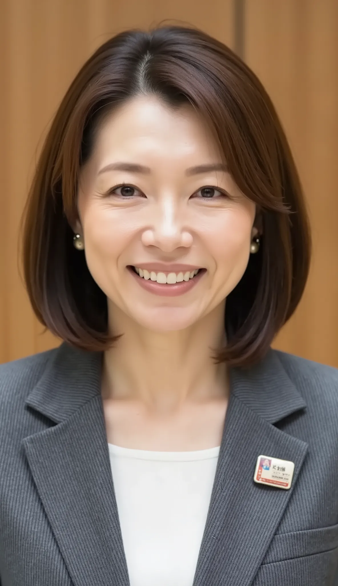 nsfw、From front、Japanese in a グレーcollarless suit、カメラ目線、45-year-old female minister、小じわのある顔、A-line bob(angled bob・inverted bob)、during regular press conference、(bust up shot:1.5)、耳にピアス、歯を見せた笑顔