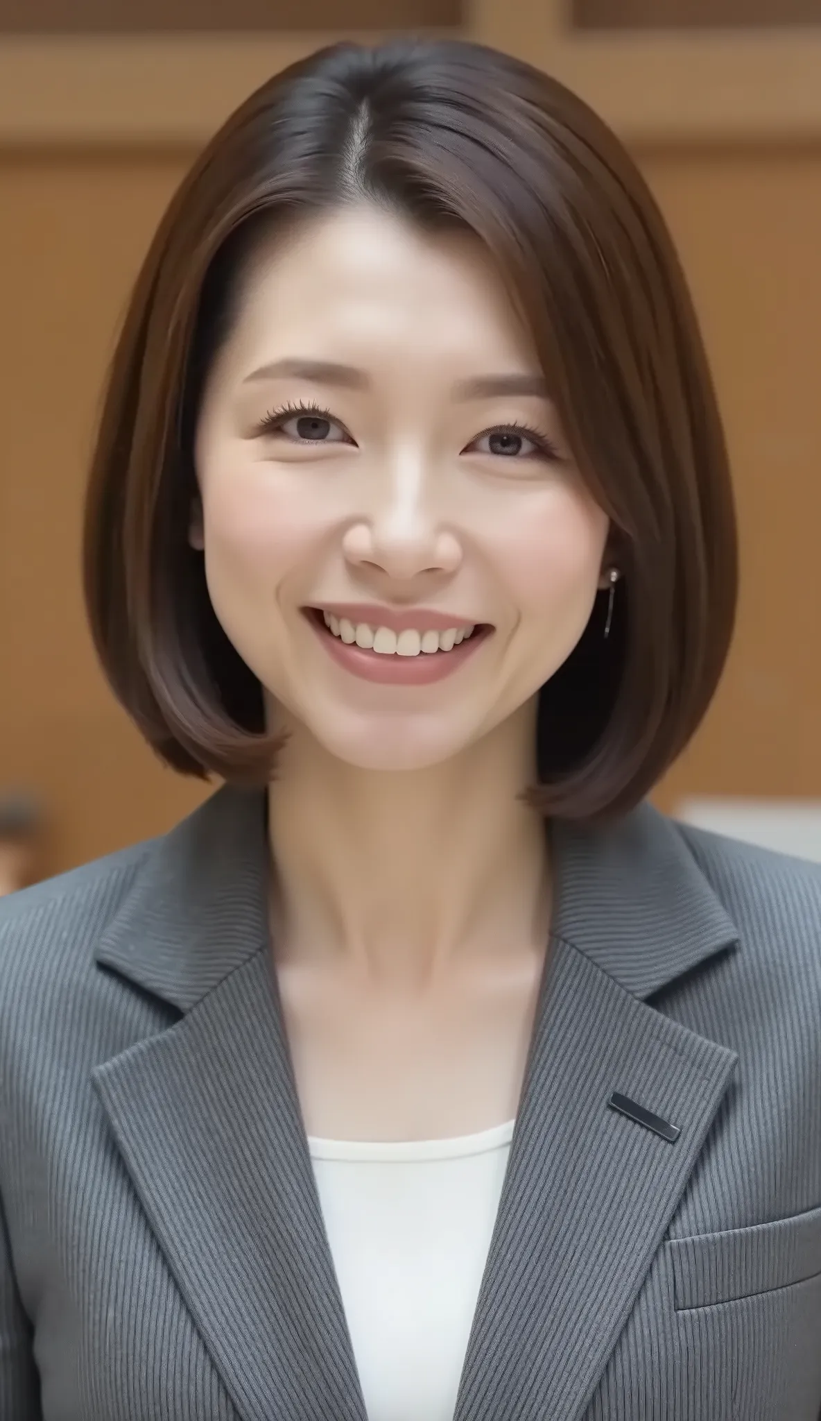 nsfw、From front、Japanese in a グレーcollarless suit、カメラ目線、35-year-old female minister、A-line bob(angled bob・inverted bob)、during regular press conference、(bust up shot:1.5)、、歯を見せた笑顔