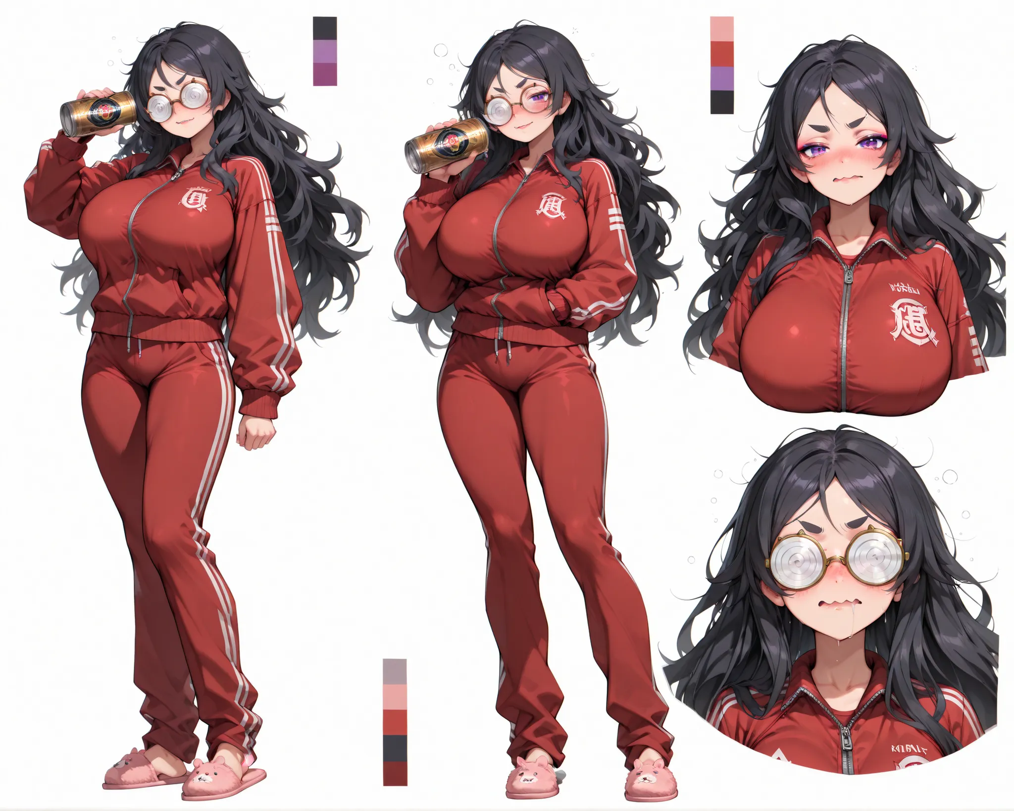 Reference sheet , Simple white background , ( color guide:1.0 )  , (( Multiple angle views )),
1 girl , round face , purple eyes , blush , wavy mouth , saliva , coke-bottle glasses , double eyelids , defined eyebrows , Subtle eyeliner around the eyes , sha...