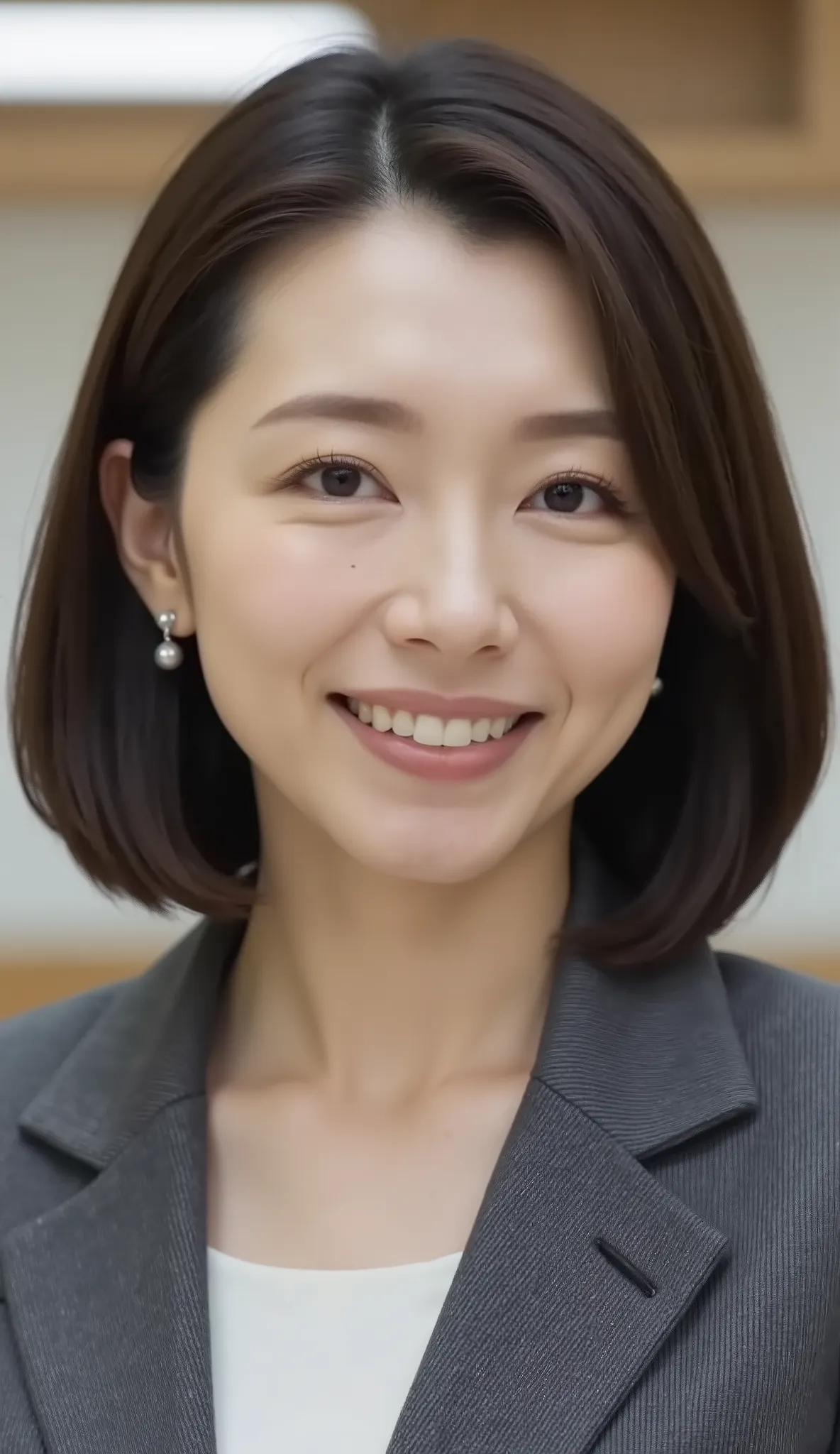 nsfw、From front、Japanese in a グレーcollarless suit、カメラ目線、22-year-old female minister、、A-line bob(angled bob・inverted bob)、黒髪、during regular press conference、(bust up shot:1.5)、耳にピアス、歯を見せた笑顔