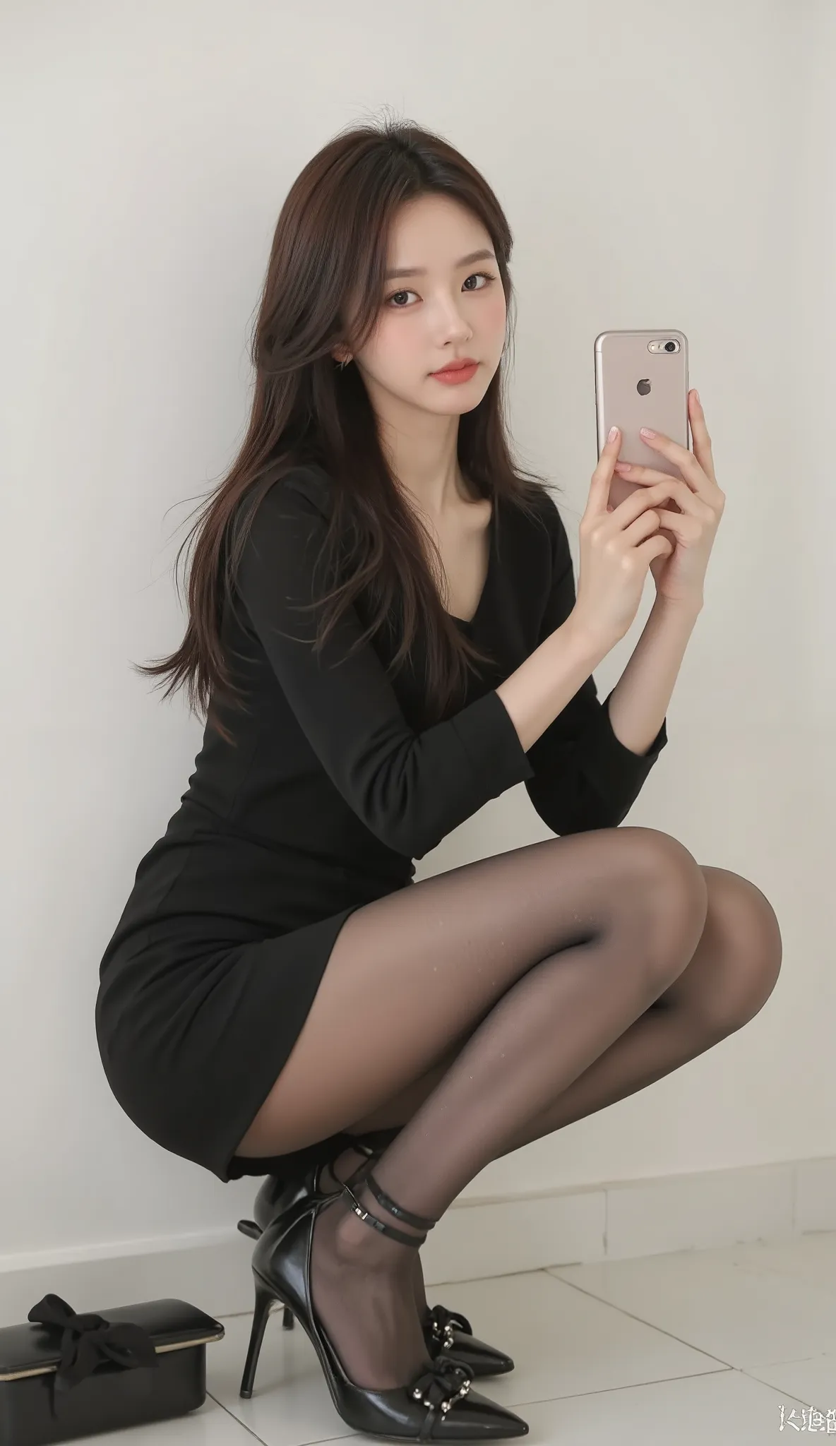 spring/summer season ,Vidi , Beautiful and stylish woman, The face of a beautiful young Korean actress, tall with dildos, Beautiful long legs, full body,
플리츠 벨벳 미니 드레스를 입은 여성의 full body 사진입니다. The upper body fits tightly, The long sleeves and skirt have s...