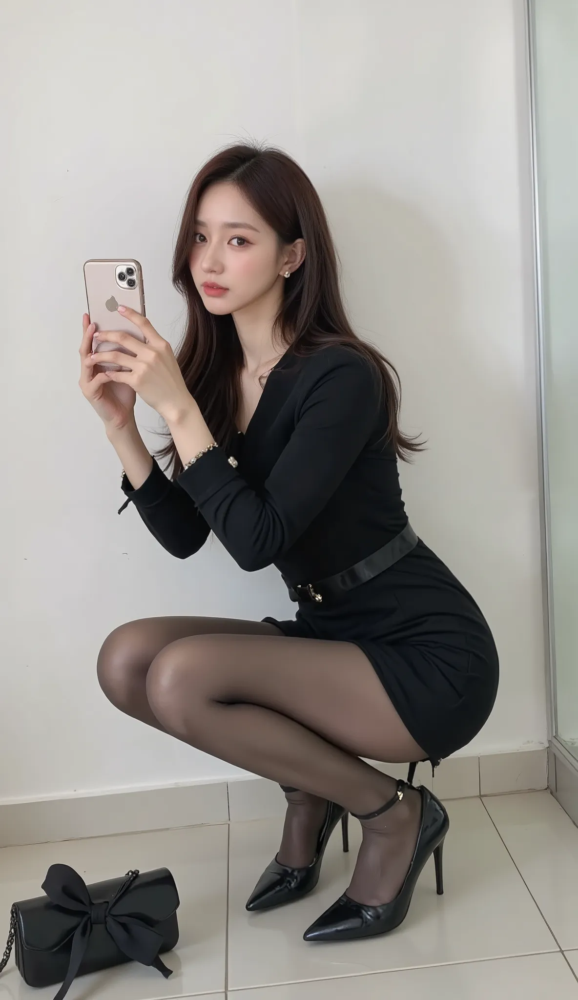 spring/summer season ,Vidi , Beautiful and stylish woman, The face of a beautiful young Korean actress, tall with dildos, Beautiful long legs, full body,
플리츠 벨벳 미니 드레스를 입은 여성의 full body 사진입니다. The upper body fits tightly, The long sleeves and skirt have s...