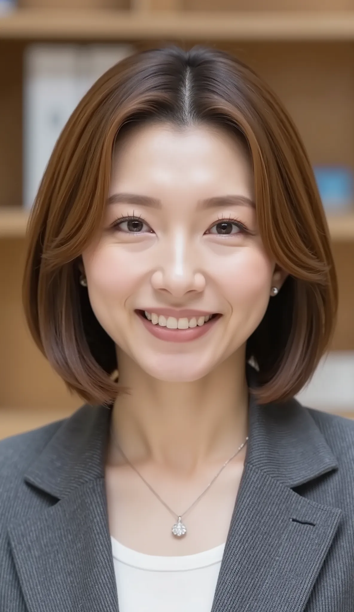 nsfw、From front、Japanese in a グレーcollarless suit、カメラ目線、22-year-old female minister、、A-line bob(angled bob・inverted bob)、薄い茶髪、during regular press conference、(bust up shot:1.5)、ネックレス、耳にピアス、歯を見せた笑顔