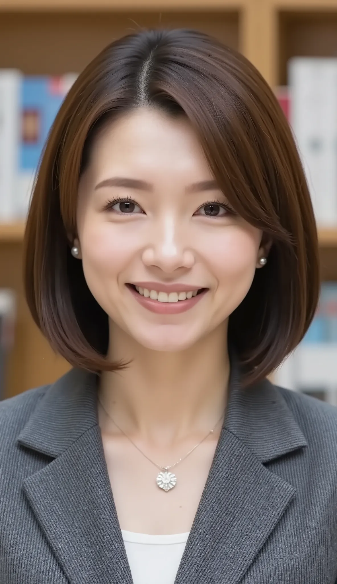nsfw、From front、Japanese in a グレーcollarless suit、カメラ目線、22-year-old female minister、、A-line bob(angled bob・inverted bob)、、during regular press conference、(bust up shot:1.5)、ネックレス、耳にピアス、歯を見せた笑顔