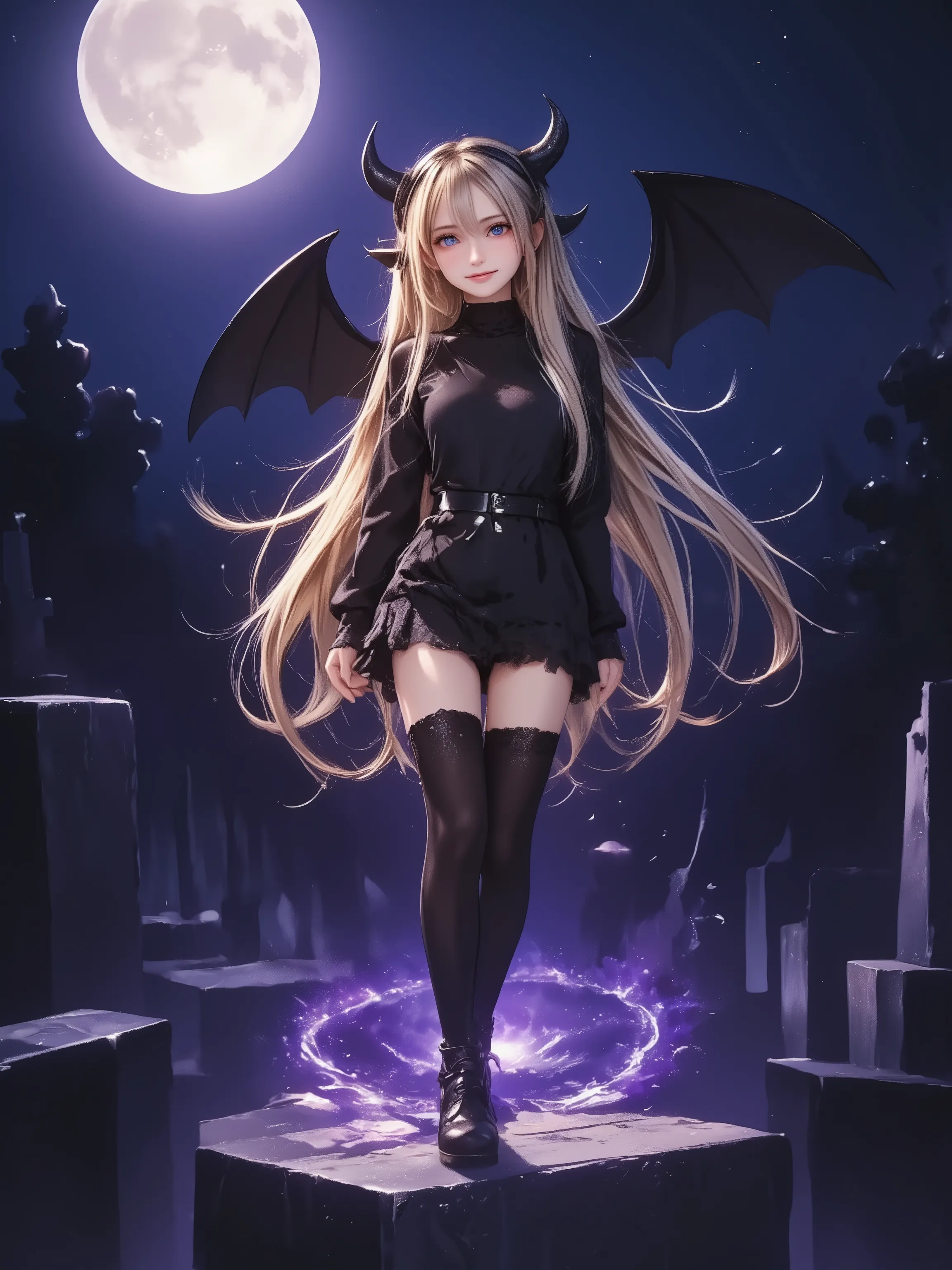 a cute little devil girl standing confidently on top of a stone pedestal, with small black bat wings, tiny horns, and a mischievous smile, she is looking down slightly at the viewer (low-angle shot), tail curled playfully behind her, wearing a gothic-style...
