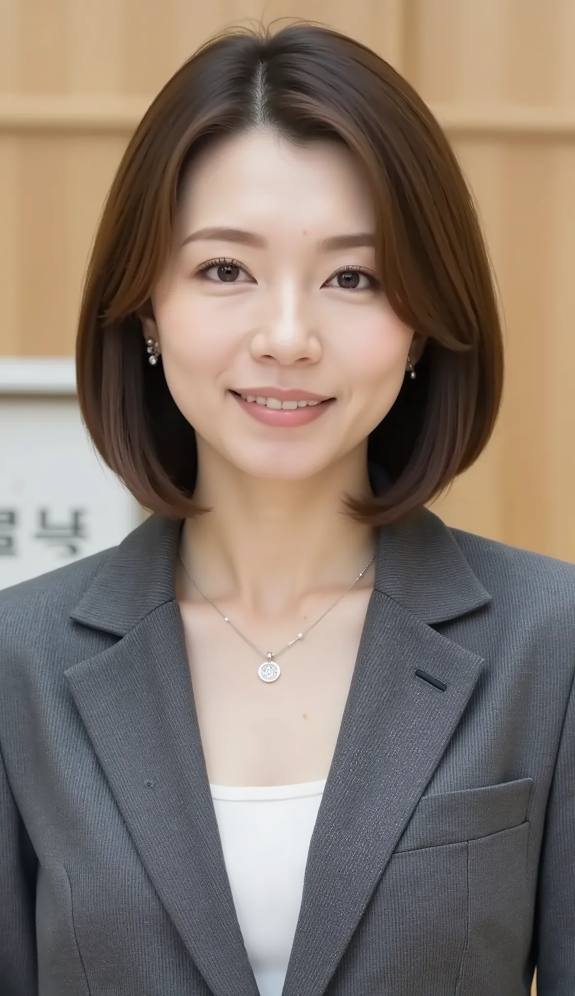 nsfw、From front、Japanese in a グレーcollarless suit、カメラ目線、22-year-old female minister、、A-line bob(angled bob・inverted bob)、、during regular press conference、(bust up shot:1.5)、ネックレス、耳にピアス、僅かに微笑む