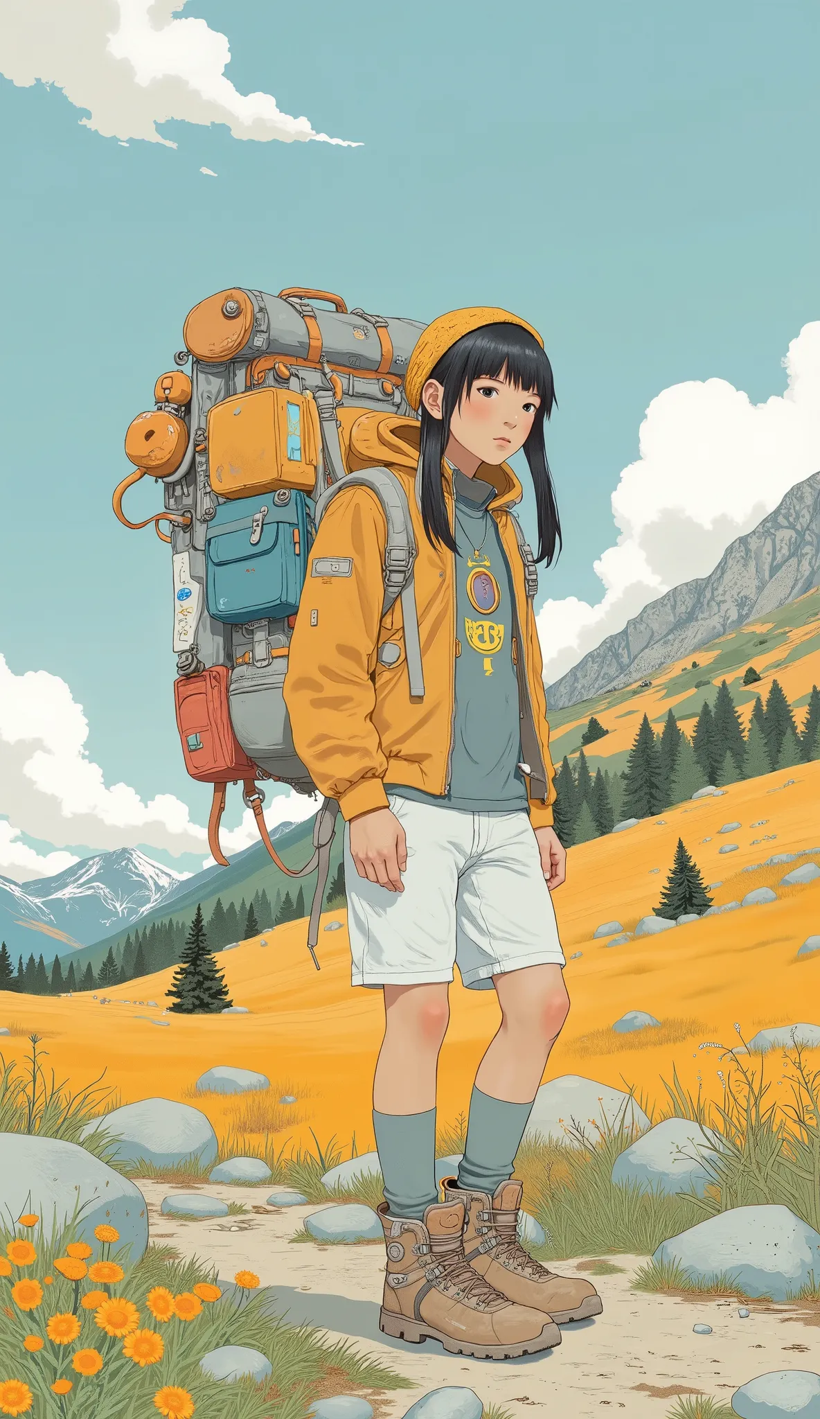 arafed man with backpack and backpack walking, hiking clothes, wearing adventure equipment , with backpack, white shorts and hiking boots, I'm wearing adventure gear, adventure equipment , An unfriendly homeless woman holding, a man wearing backpack, gq, A...