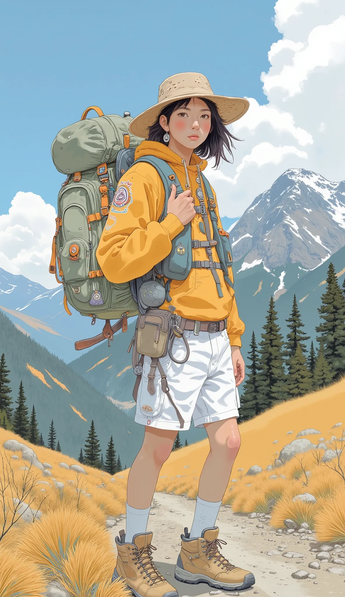 arafed man with backpack and backpack walking, hiking clothes, wearing adventure equipment , with backpack, Arab woman walking on the sidewalk wearing white shorts and hiking boots , I'm wearing adventure gear, adventure equipment , An unfriendly homeless ...
