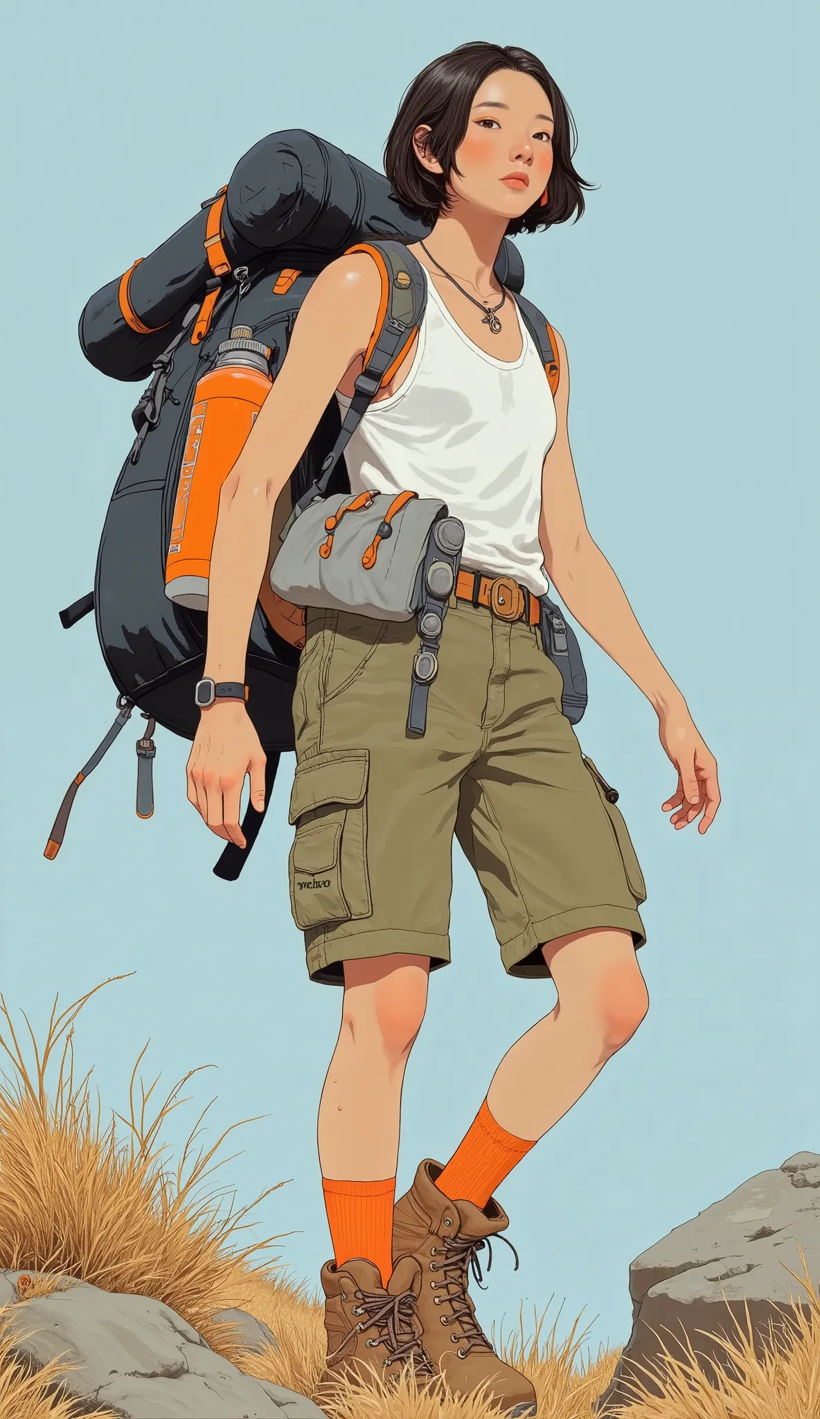 image,、The overall scene conveys a sense of adventure and exploration. embodies a functional yet stylish approach to outdoor activities. They wear a sleeveless white tank top with olive green cargo shorts {x} person Are sturdy brown hiking boots and wear b...