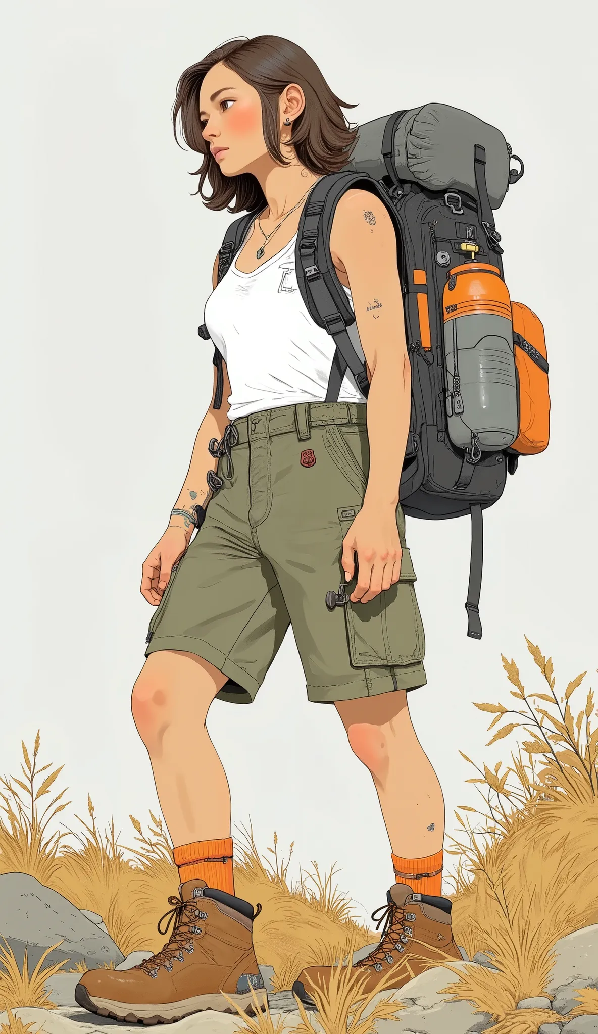 image,、The overall scene conveys a sense of adventure and exploration. embodies a functional yet stylish approach to outdoor activities. They wear a sleeveless white tank top with olive green cargo shorts {x} person Are sturdy brown hiking boots and wear b...