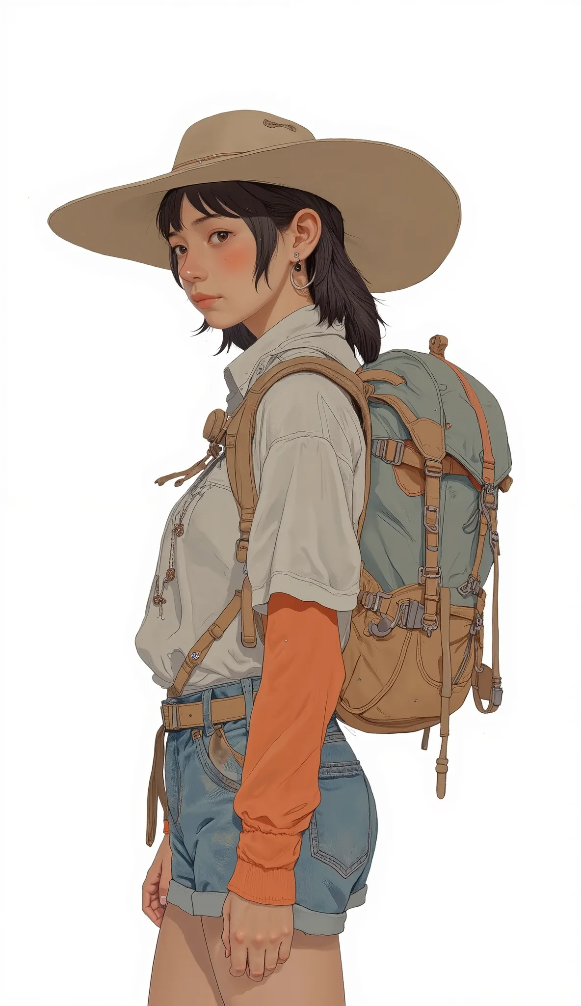 arafed woman with a Backpack and hat standing against a white background, with a Backpack, hiking clothes, wearing Adventure Gear, wearing adventure equipment , An unfriendly homeless woman holding,  carrying a saddle bag , Backpack, a Backpack, adventure ...