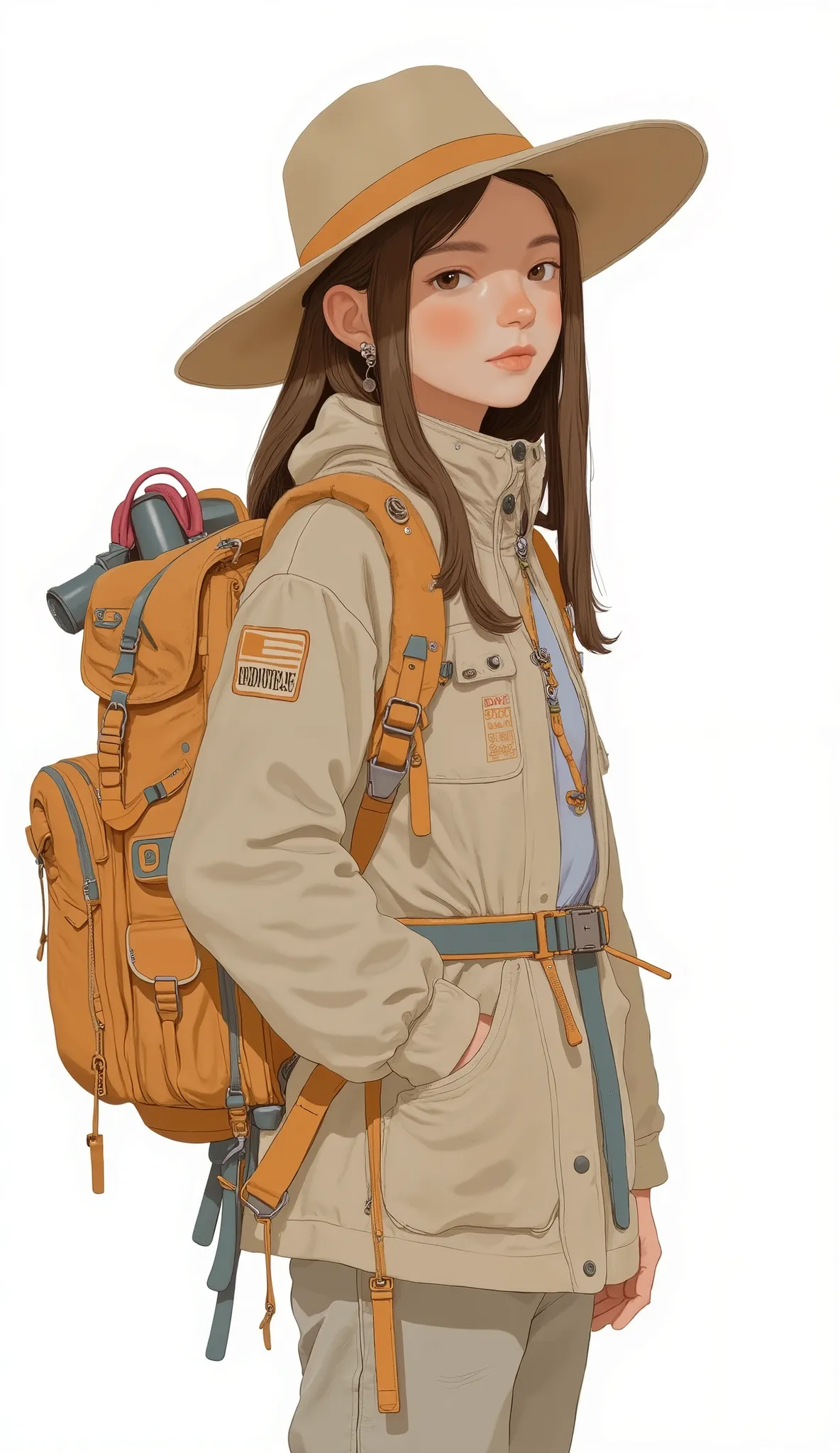 arafed woman with a Backpack and hat standing against a white background, with a Backpack, hiking clothes, wearing Adventure Gear, wearing adventure equipment , An unfriendly homeless woman holding,  carrying a saddle bag , Backpack, a Backpack, adventure ...