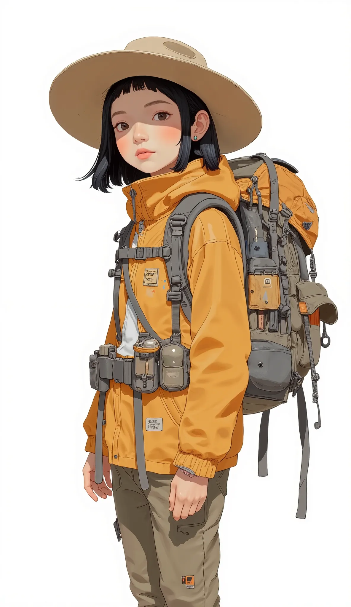 arafed woman with a Backpack and hat standing against a white background, with a Backpack, hiking clothes, wearing Adventure Gear, wearing adventure equipment , An unfriendly homeless woman holding,  carrying a saddle bag , Backpack, a Backpack, adventure ...