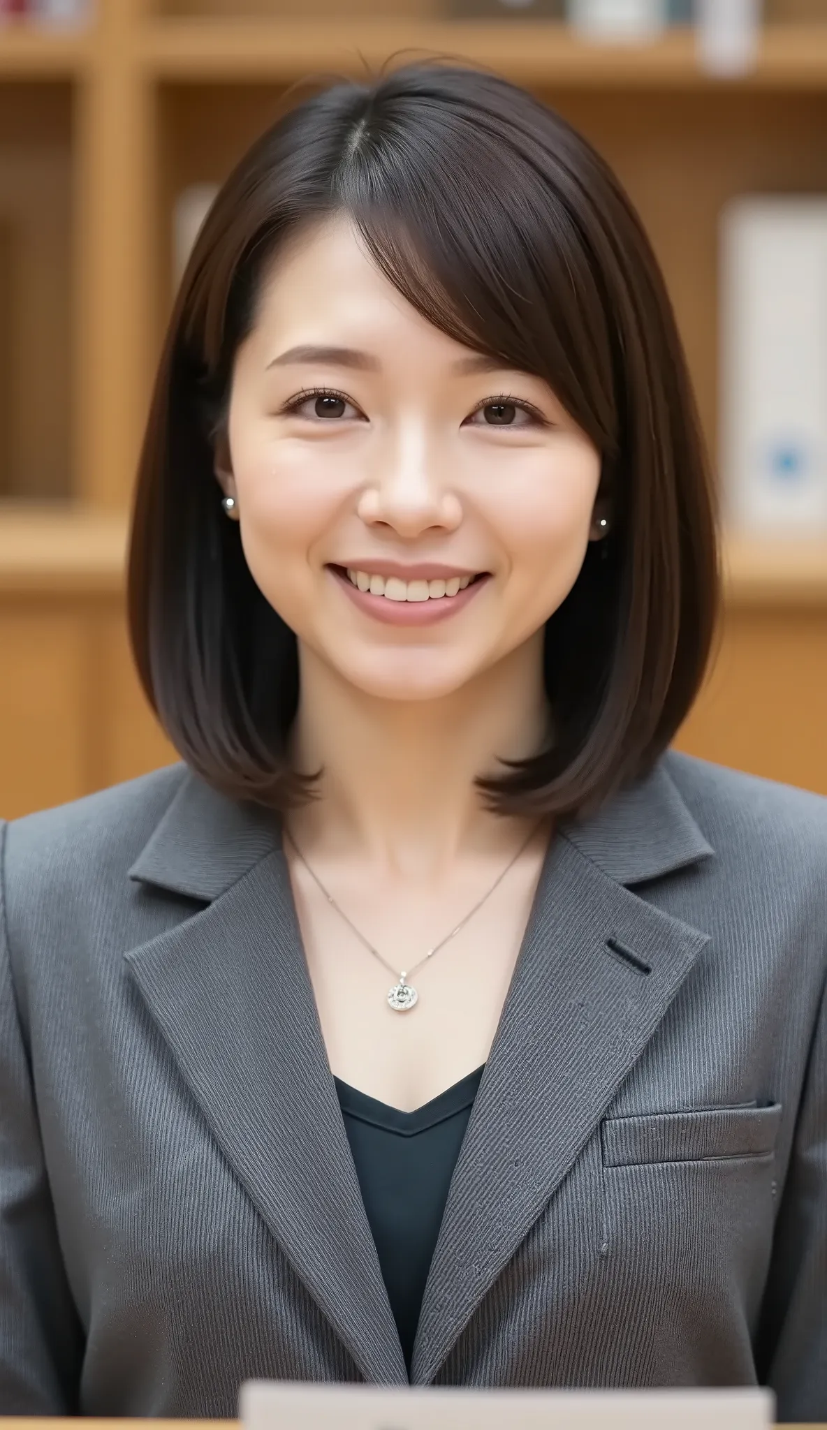nsfw、From front、Japanese in a グレーcollarless suit、カメラ目線、22-year-old female minister、、A-line bob(angled bob・inverted bob)、黒髪、前髪あり、during regular press conference、(bust up shot:1.5)、ネックレス、耳にピアス、歯を見せた笑顔