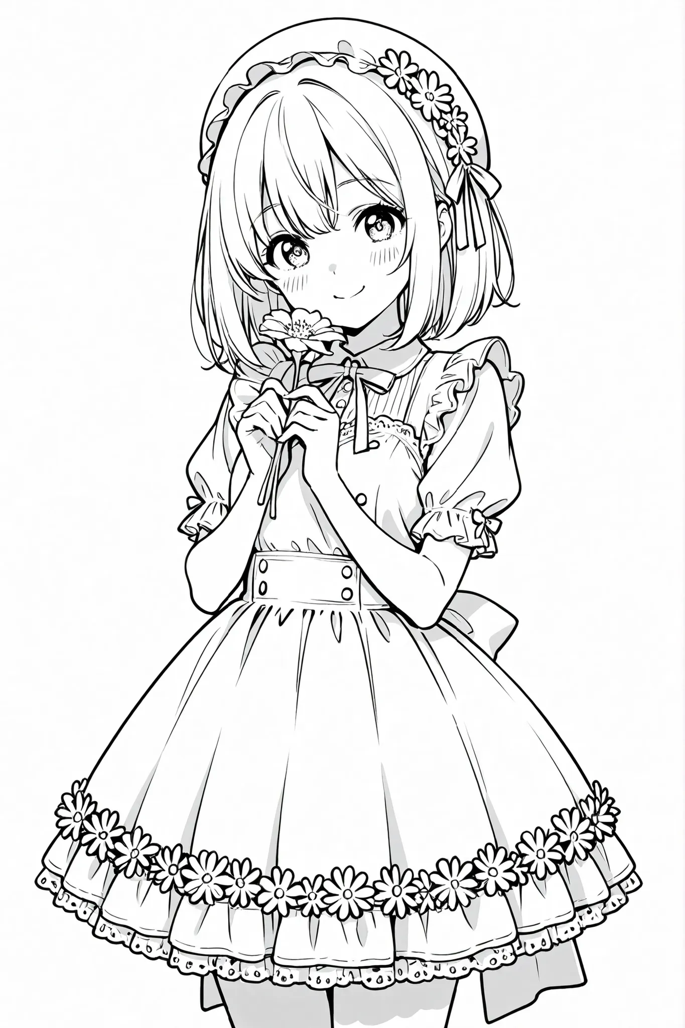 Anime girl smiling with flowers, perfect quality, clean line art, white background, masterpiece, 4k, cute outfit 