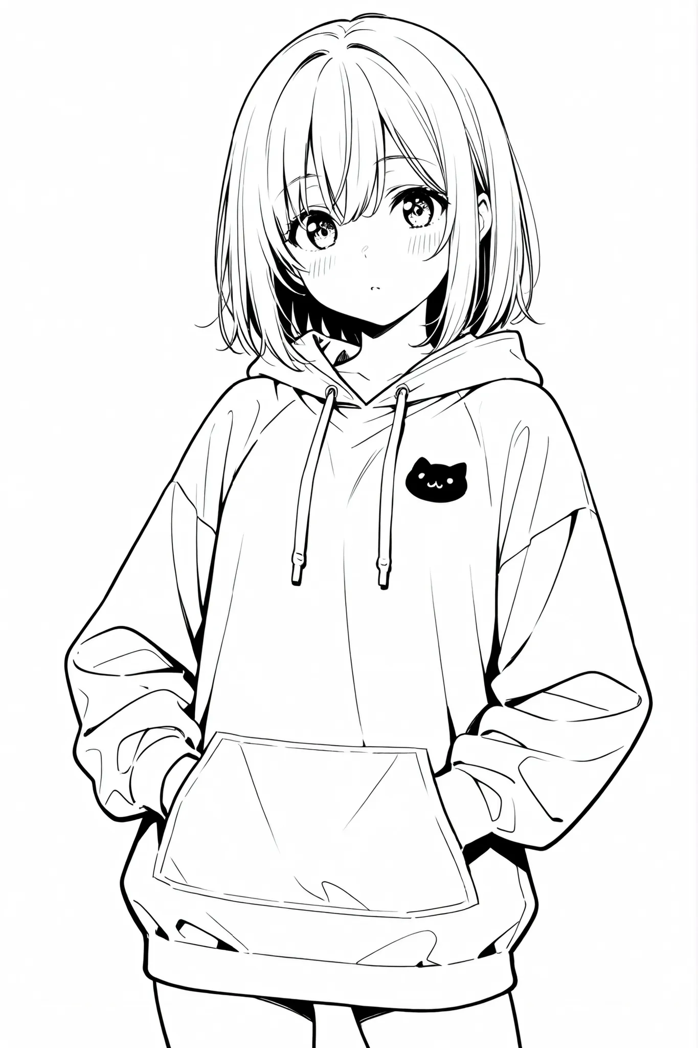 Anime girl wearing hoodie, perfect quality, clean line art, white background, masterpiece, 4k