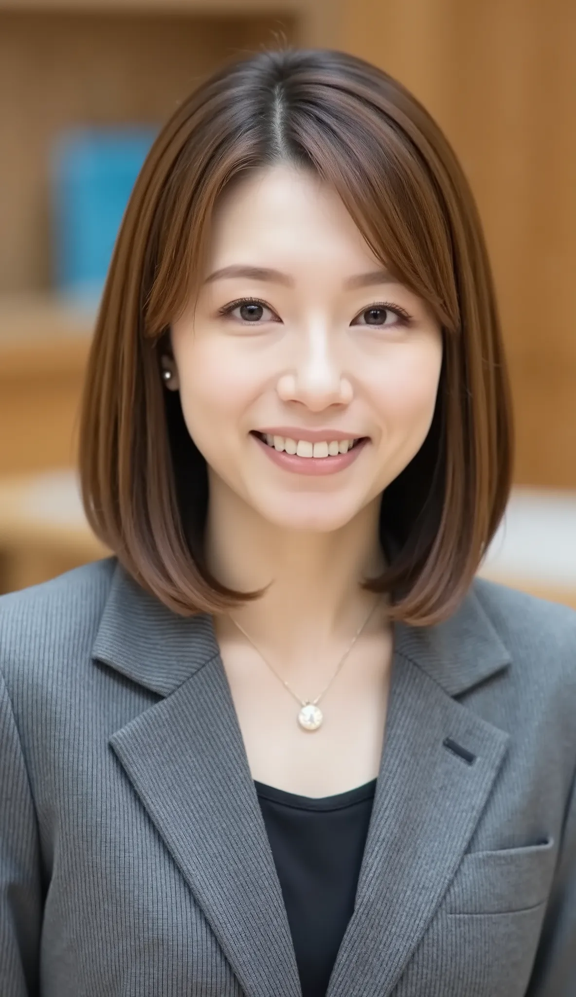 nsfw、From front、Japanese in a グレーcollarless suit、カメラ目線、22-year-old female minister、、A-line bob(angled bob・inverted bob)、薄い茶髪、during regular press conference、(bust up shot:1.5)、ネックレス、耳にピアス、口を閉じた笑顔