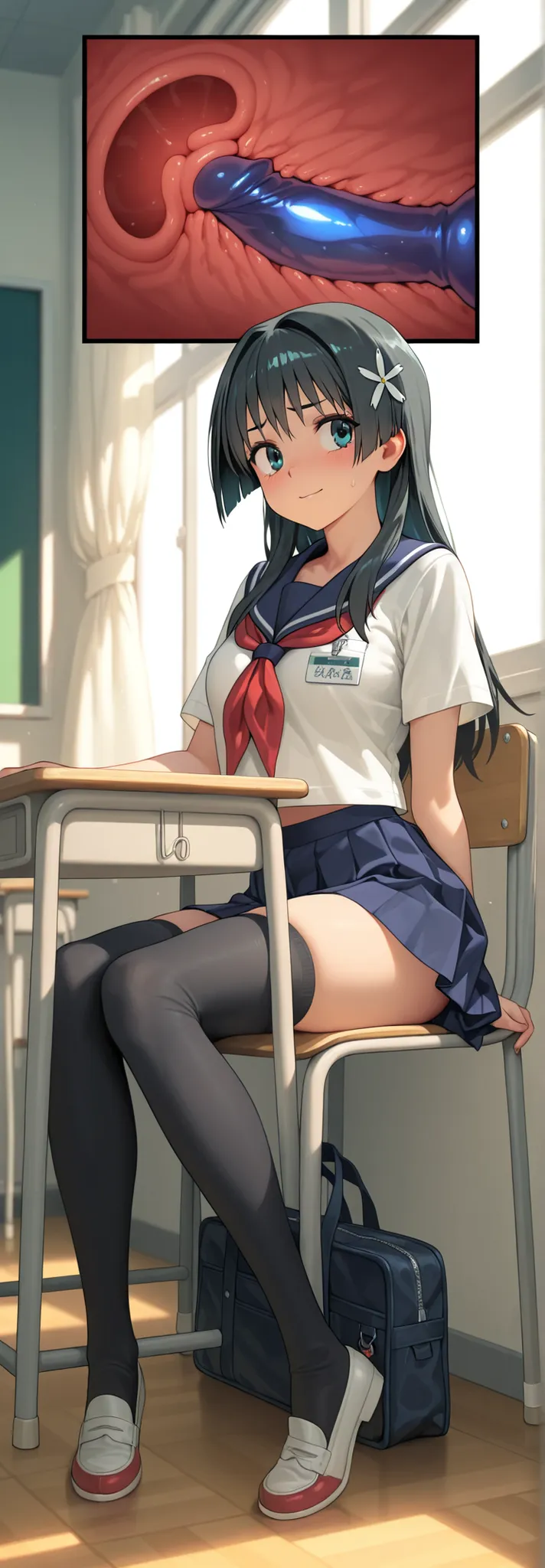 anime, masterpiece, best quality, 8k, 1girl, (( vaginal x-rays )), , chair, sitting on dildo, Inside the dildos , calm face, , long black hair, school uniform, miniskirt, name tag, , thigh high socks, hairpin, Human, classroom,  Windows , side, Looking Out...