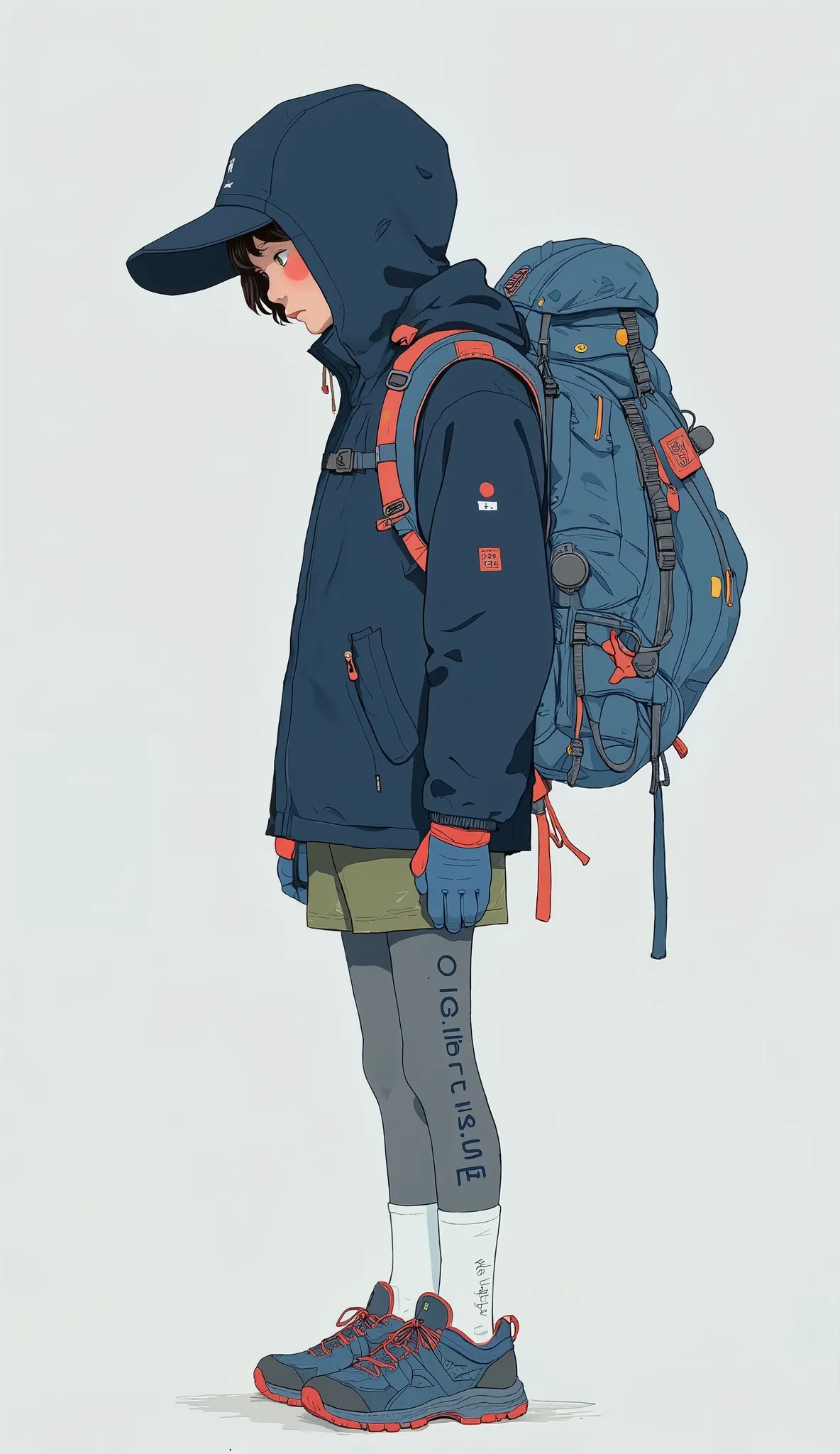 that complements the lonely figure, is. The ensemble has dark blue, hooded rain jacket to protect from wind and rain, they wear walking shoes with prominent red details. The feature is that, gray leggings on the outside of the backpack provide warmth and f...