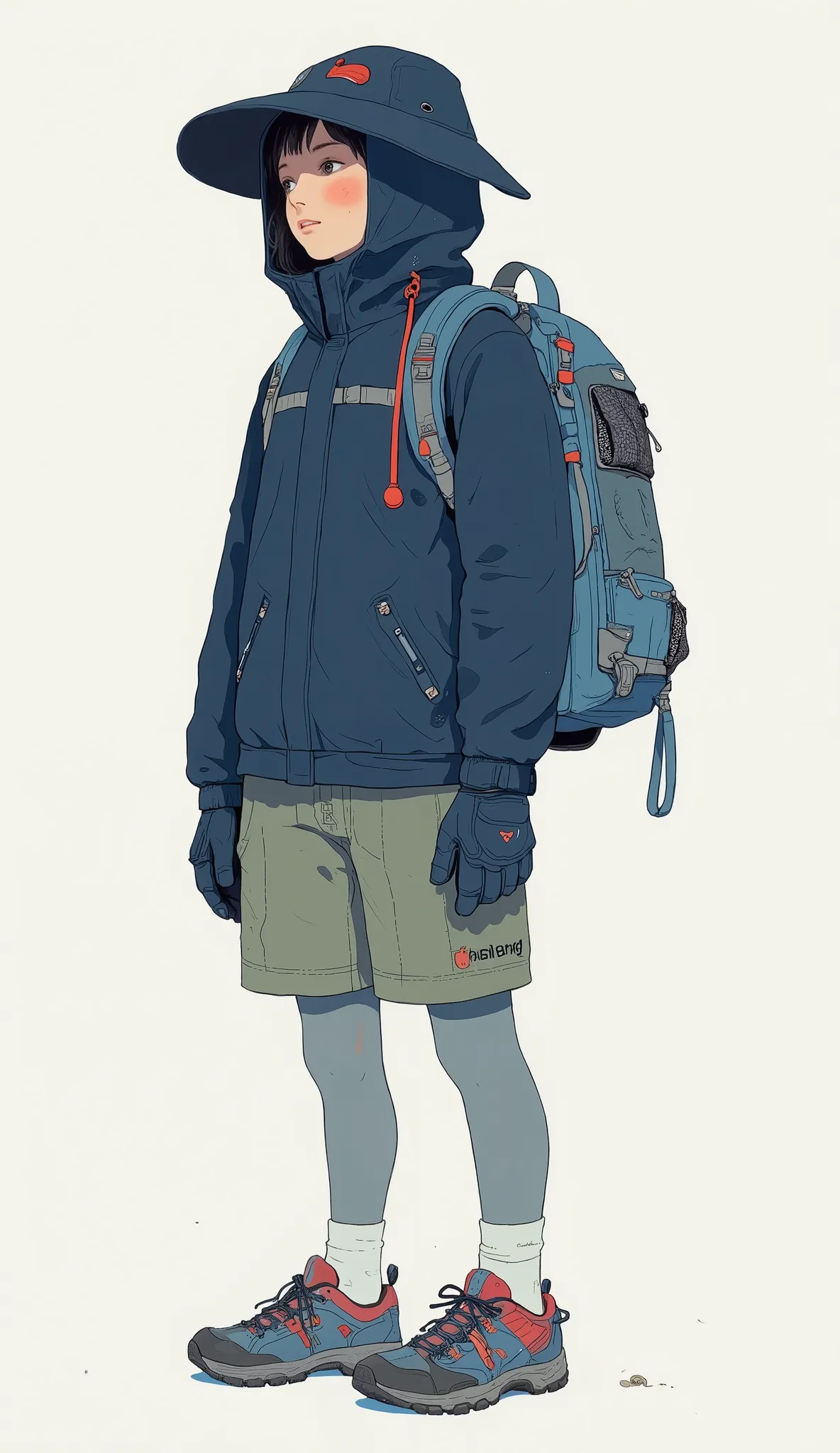 that complements the lonely figure, is. The ensemble has dark blue, hooded rain jacket to protect from wind and rain, they wear walking shoes with prominent red details. The feature is that, gray leggings on the outside of the backpack provide warmth and f...