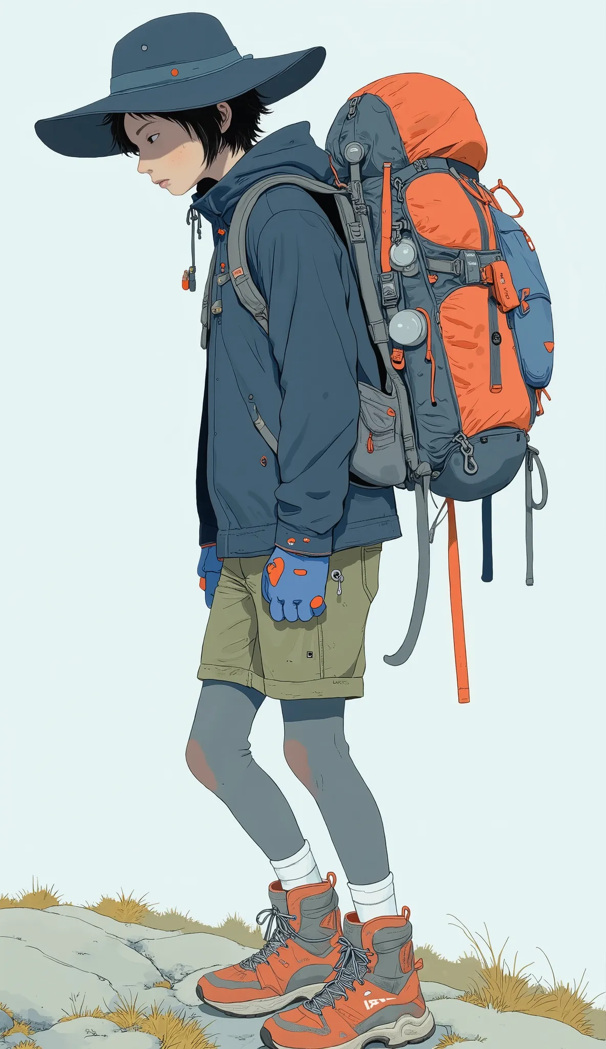 that complements the lonely figure, is. The ensemble has dark blue, hooded rain jacket to protect from wind and rain, they wear walking shoes with prominent red details. The feature is that, gray leggings on the outside of the backpack provide warmth and f...