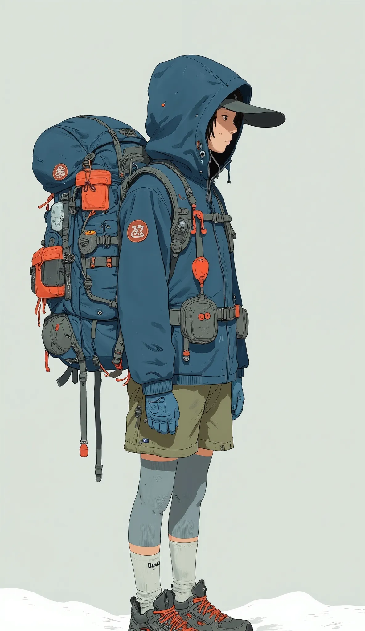 that complements the lonely figure, is. The ensemble has dark blue, hooded rain jacket to protect from wind and rain, they wear walking shoes with prominent red details. The feature is that, gray leggings on the outside of the backpack provide warmth and f...