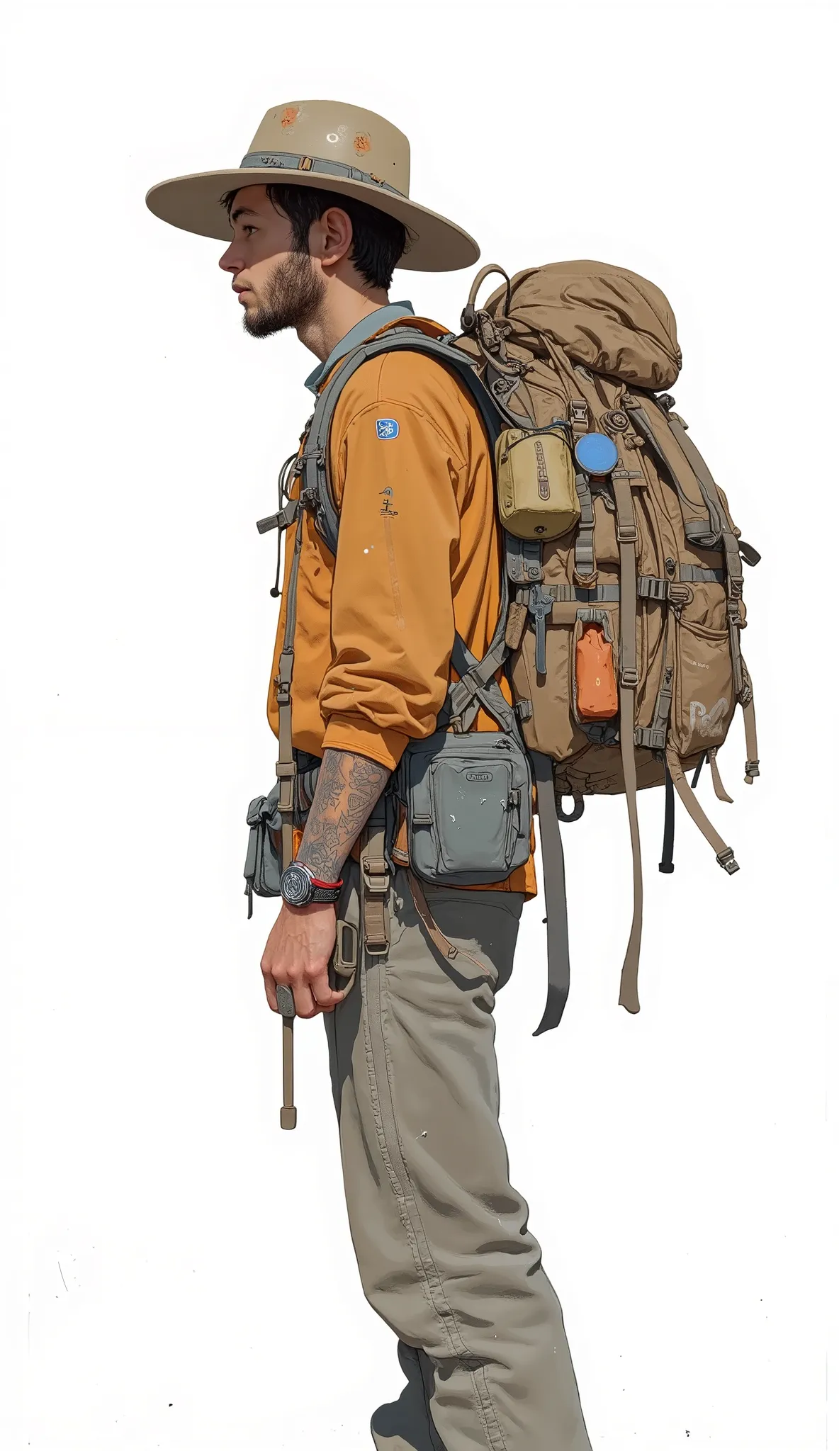 arafed man with a Backpack and hat standing in front of a white background, a man wearing a Backpack, hiking clothes, with a Backpack, the man have a Backpack, I'm wearing adventure gear, wearing adventure equipment , a Backpack, An unfriendly homeless wom...