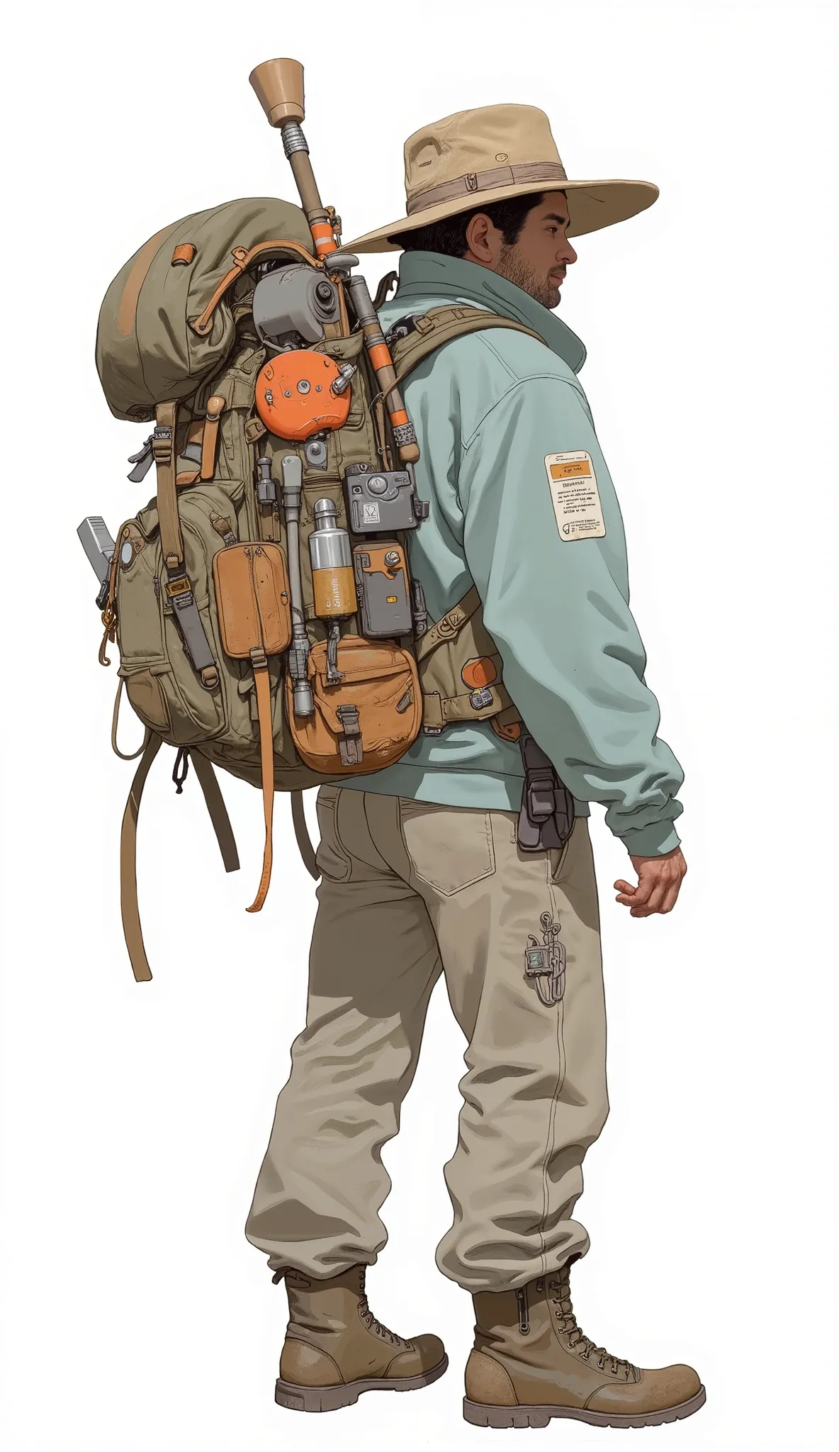 arafed man with a Backpack and hat standing in front of a white background, a man wearing a Backpack, hiking clothes, with a Backpack, the man have a Backpack, I'm wearing adventure gear, wearing adventure equipment , a Backpack, An unfriendly homeless wom...