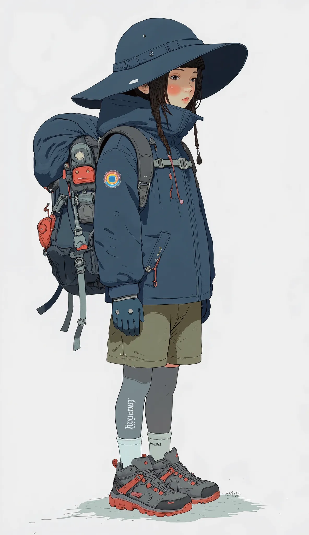 that complements the lonely figure, is. The ensemble has dark blue, hooded rain jacket to protect from wind and rain, they wear walking shoes with prominent red details. The feature is that, gray leggings on the outside of the backpack provide warmth and f...