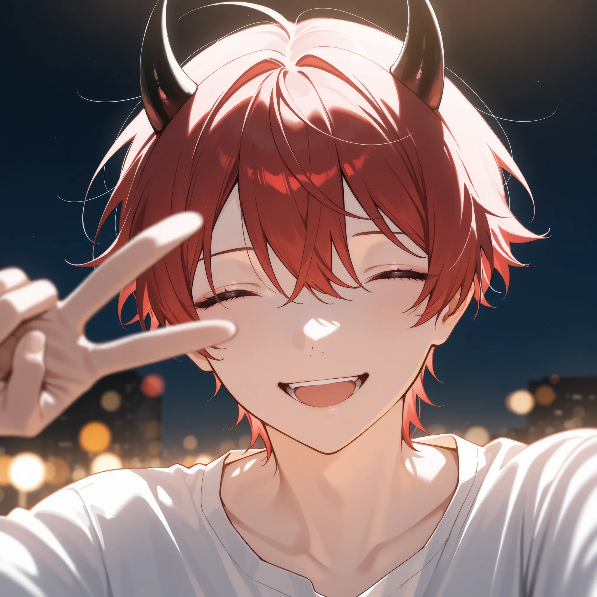 score_9, score_8_up, score_7_up, masterpiece, best quality, detailed face, 1 boy, solo, beautiful, modest chest, slender body, mature, light makeup, adorable, open mouth, grinning, wide smile, bright smile, closed eyes,
Red hair, short hair, demon horns, w...