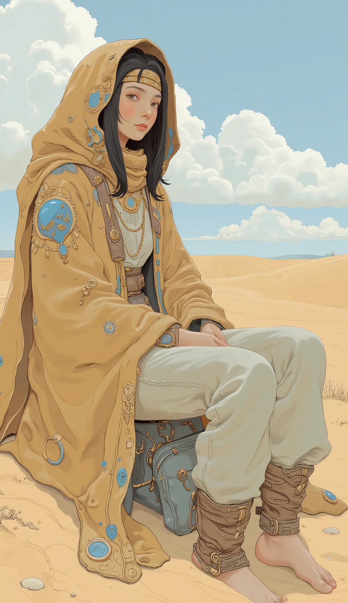 prominent sand beige and calm brown, I'm sitting in a calm and solemn posture、desert nomadic. Earth color's, it looks like they are exposed to wind and rain, harmonious, Natural Look. emphasizes a calm attitude, I'm sitting in a calm and solemn position。, ...