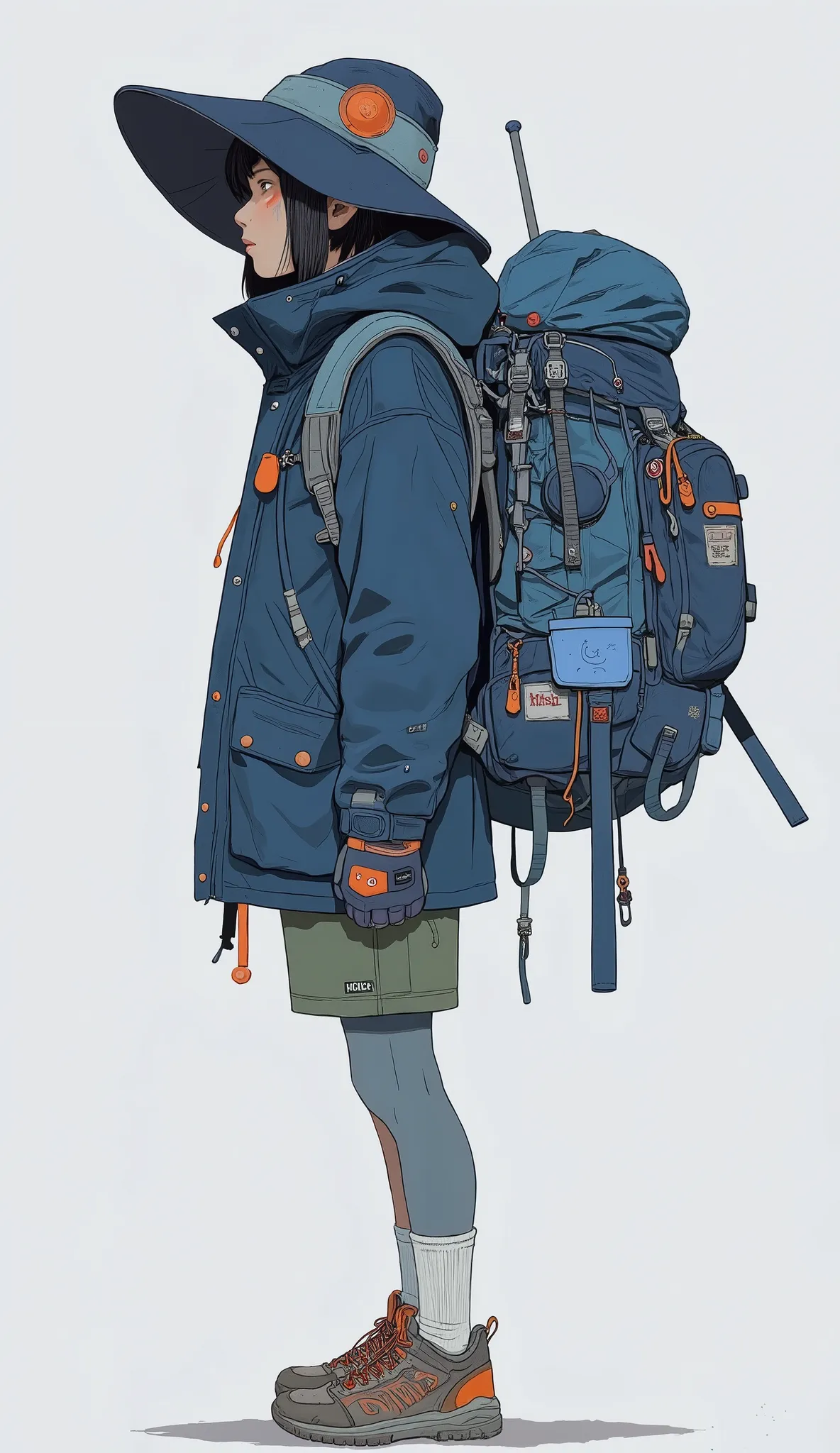that complements the lonely figure, is. The ensemble has dark blue, hooded rain jacket to protect from wind and rain, they wear walking shoes with prominent red details. The feature is that, gray leggings on the outside of the backpack provide warmth and f...