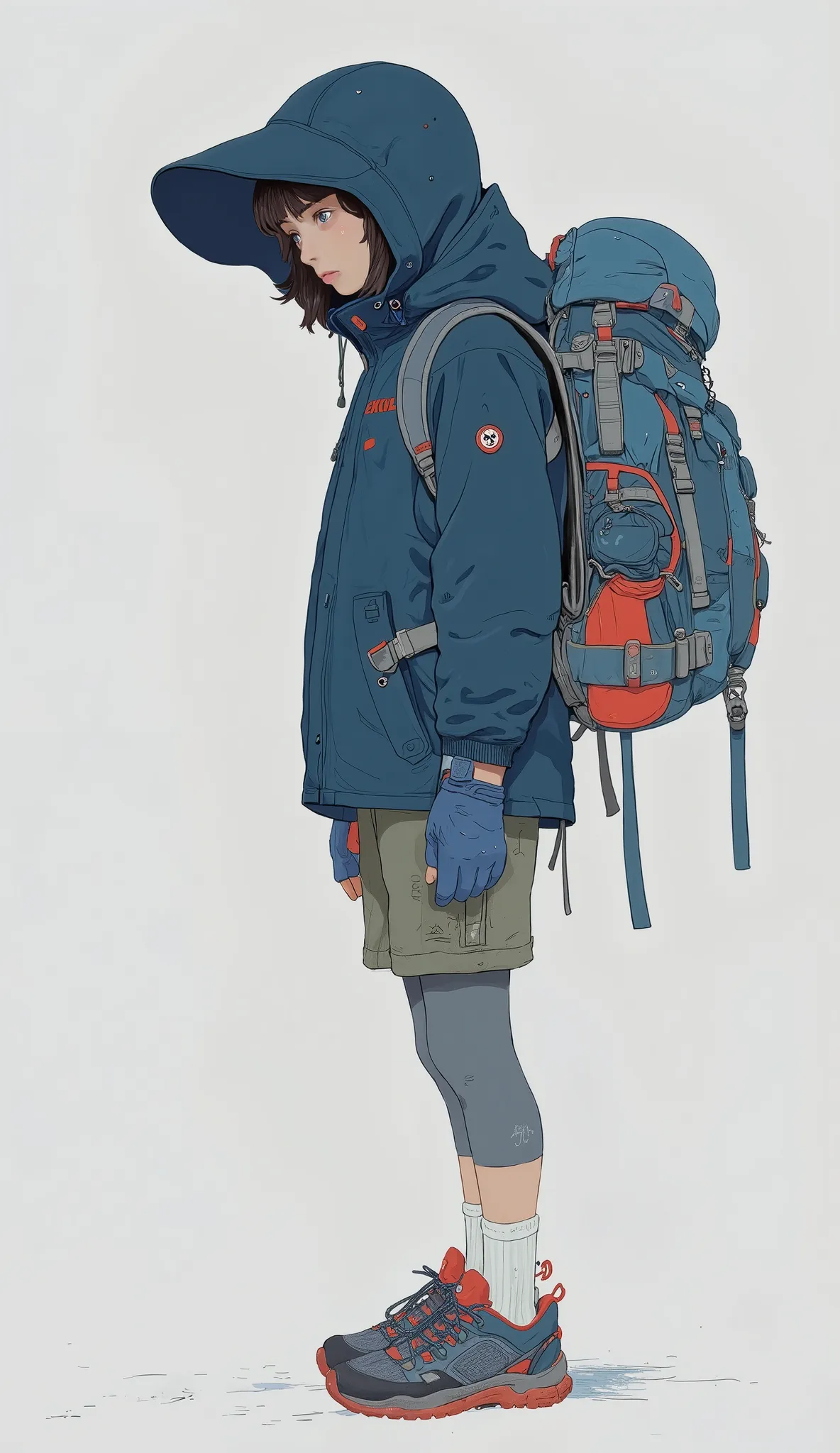 that complements the lonely figure, is. The ensemble has dark blue, hooded rain jacket to protect from wind and rain, they wear walking shoes with prominent red details. The feature is that, gray leggings on the outside of the backpack provide warmth and f...