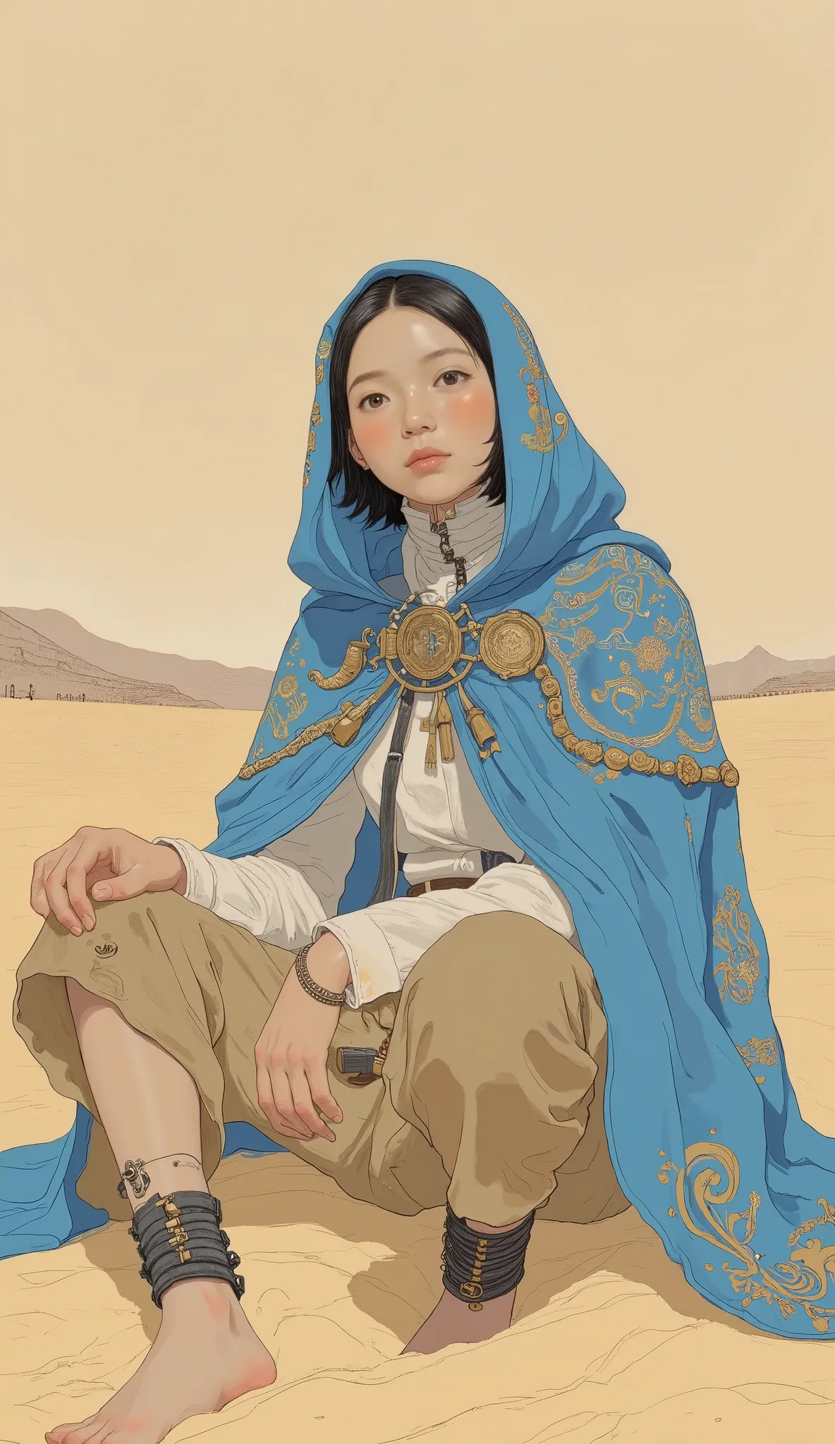 prominent sand beige and calm brown, I'm sitting in a calm and solemn posture、desert nomadic. Earth color's, it looks like they are exposed to wind and rain, harmonious, Natural Look. emphasizes a calm attitude, I'm sitting in a calm and solemn position。, ...