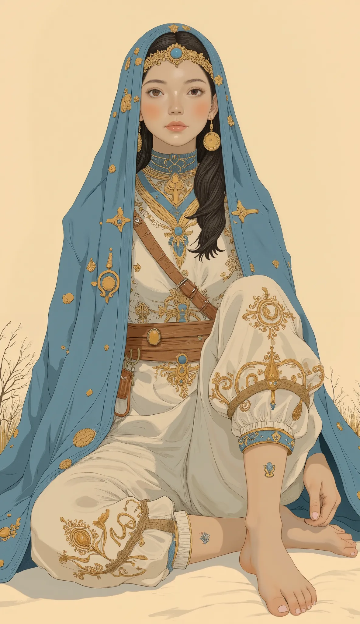 prominent sand beige and calm brown, I'm sitting in a calm and solemn posture、desert nomadic. Earth color's, it looks like they are exposed to wind and rain, harmonious, Natural Look. emphasizes a calm attitude, I'm sitting in a calm and solemn position。, ...