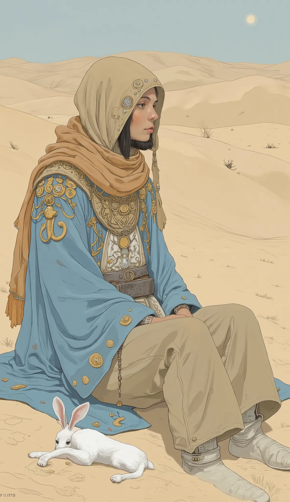 prominent sand beige and calm brown, I'm sitting in a calm and solemn posture、desert nomadic. Earth color's, it looks like they are exposed to wind and rain, harmonious, Natural Look. emphasizes a calm attitude, I'm sitting in a calm and solemn position。, ...