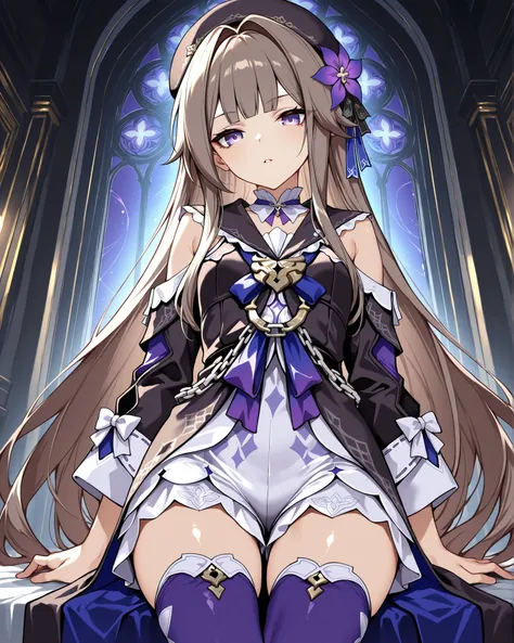 Honkai:Star Rail's Madame Herta, with ash brown hair, Dark purple eyes, solo, 1girl, masterpiece, en iyi kalite, high-resolution, Purple patterned black cadu outfit, ayakta poz, lies in a seductive pose extending her sexy legs to the viewer in the foregrou...