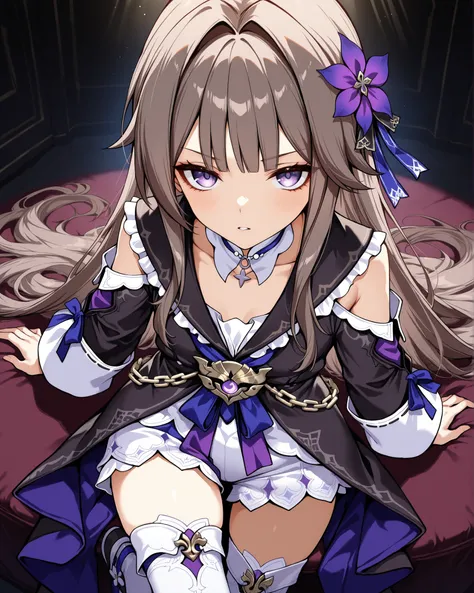 Honkai:Star Rail's Madame Herta, with ash brown hair, Dark purple eyes, solo, 1girl, masterpiece, en iyi kalite, high-resolution, Purple patterned black cadu outfit, ayakta poz, lies in a seductive pose extending her sexy legs to the viewer in the foregrou...