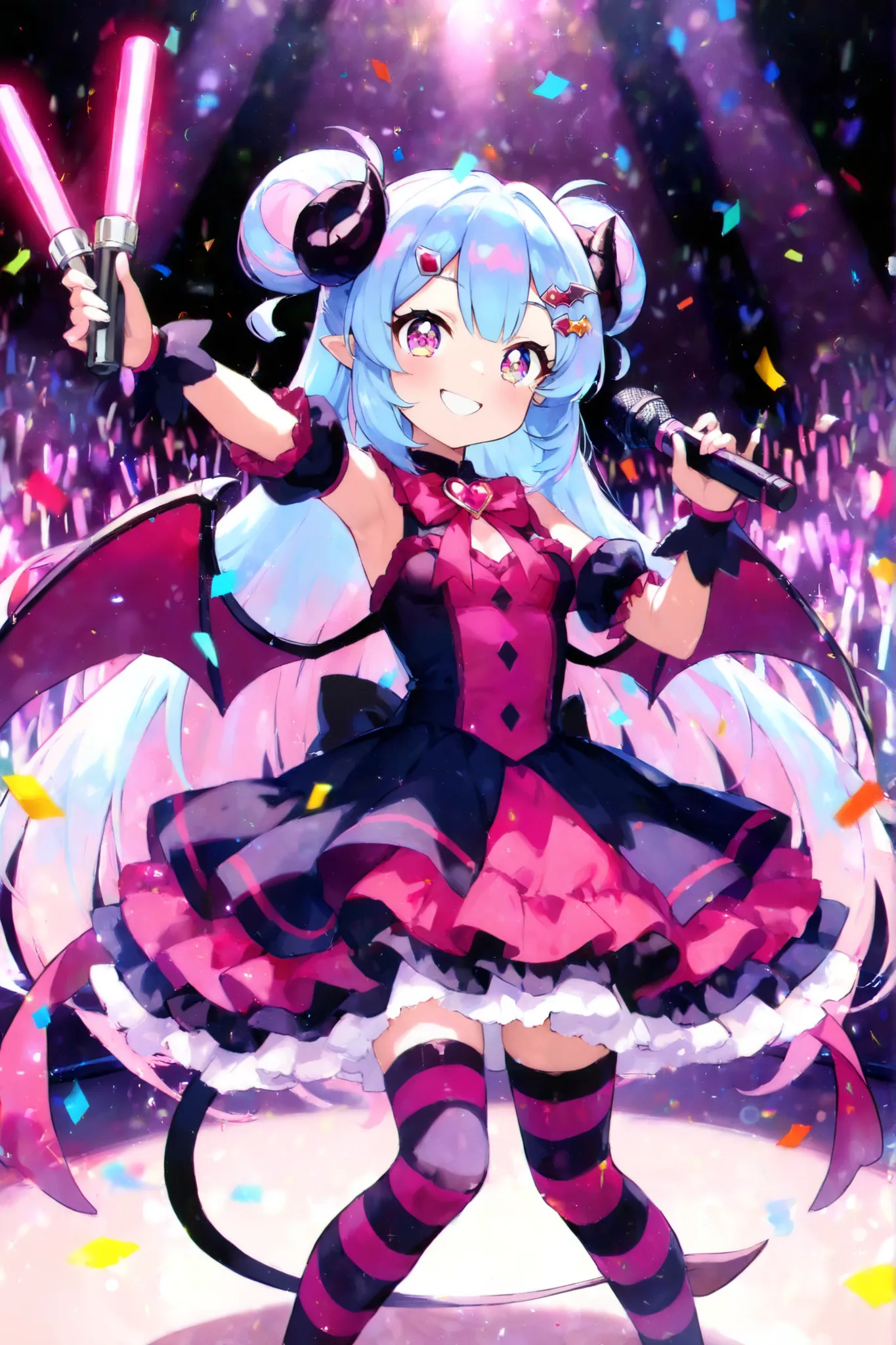 masterpiece, best quality, pastel aesthetic, vibrant colors, detailed anime eyes, adorable little devil girl, short stage dress with layered ruffles, pink and black palette, striped thighhighs, bat wing-shaped hair clips, tiny curled horns, dynamic idol po...