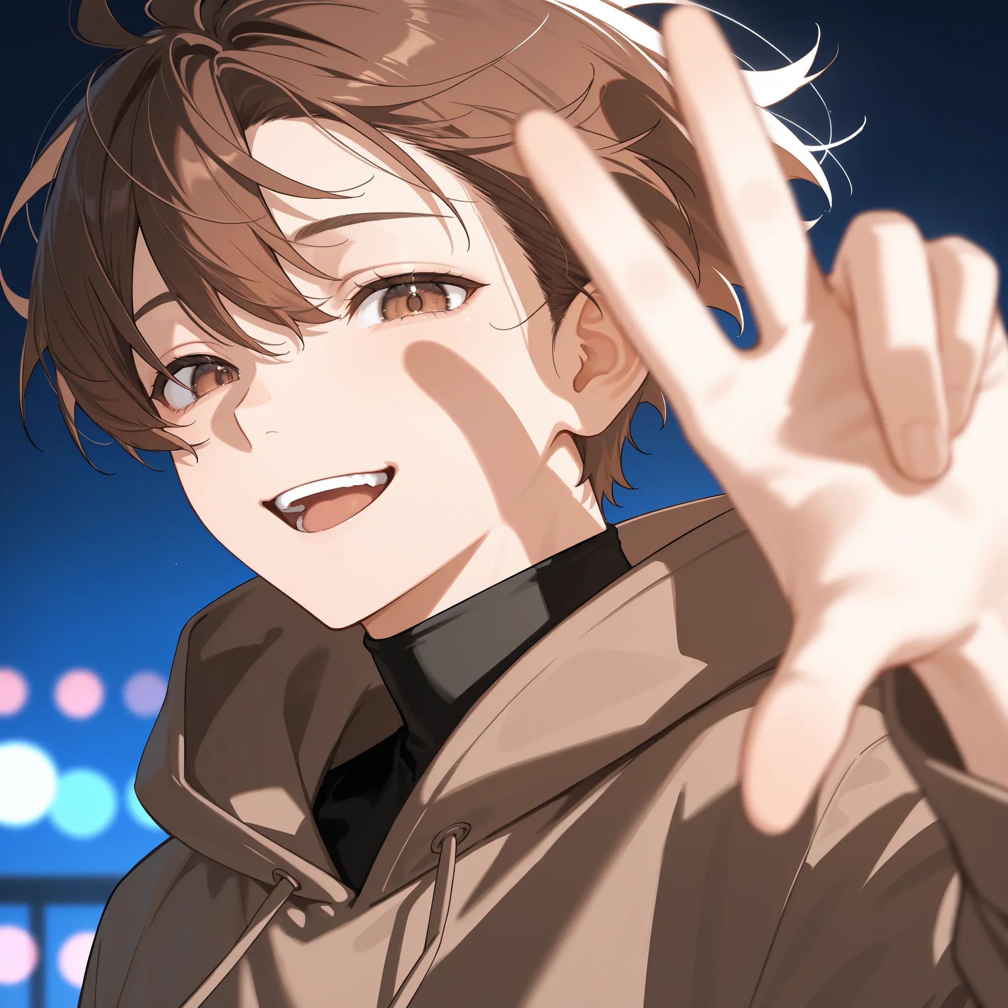 score_9, score_8_up, score_7_up, masterpiece, best quality, detailed face, 1 boy, solo, beautiful, modest chest, slender body, mature, masculine, light makeup, adorable, open mouth, grinning, 
Brown hair, short hair, brown eyes, black turtleneck, brown hoo...