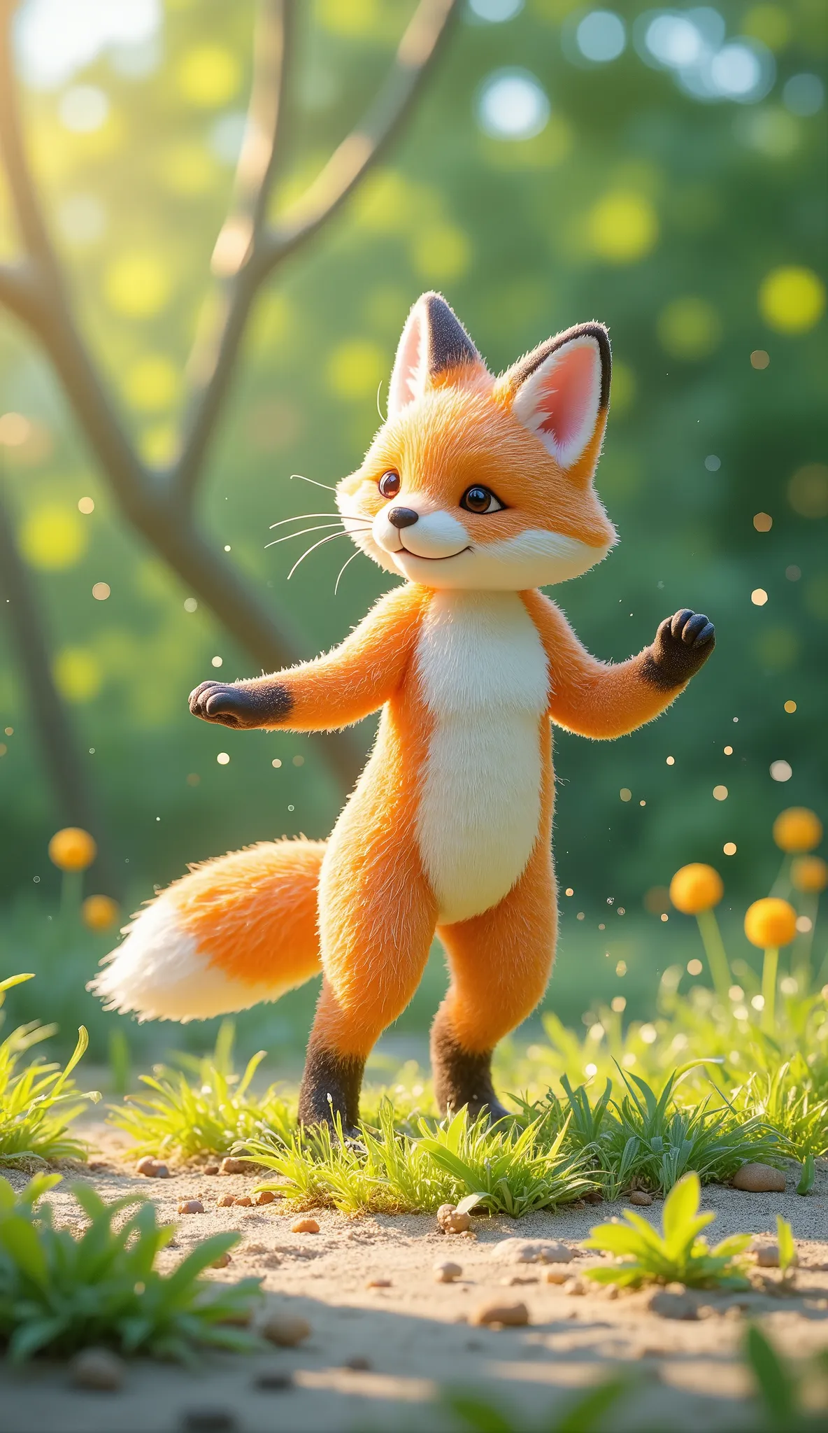 Fox,full body,dancing,real,illustrations,FOX,Soft Expression, coat texture ,graceful standing posture,Grassland scenery,In the sunshine,4K,High Quality,realな質感,Detailed,Realistic,Seimitsu,Professional,vivid colors,Aggressive Composition