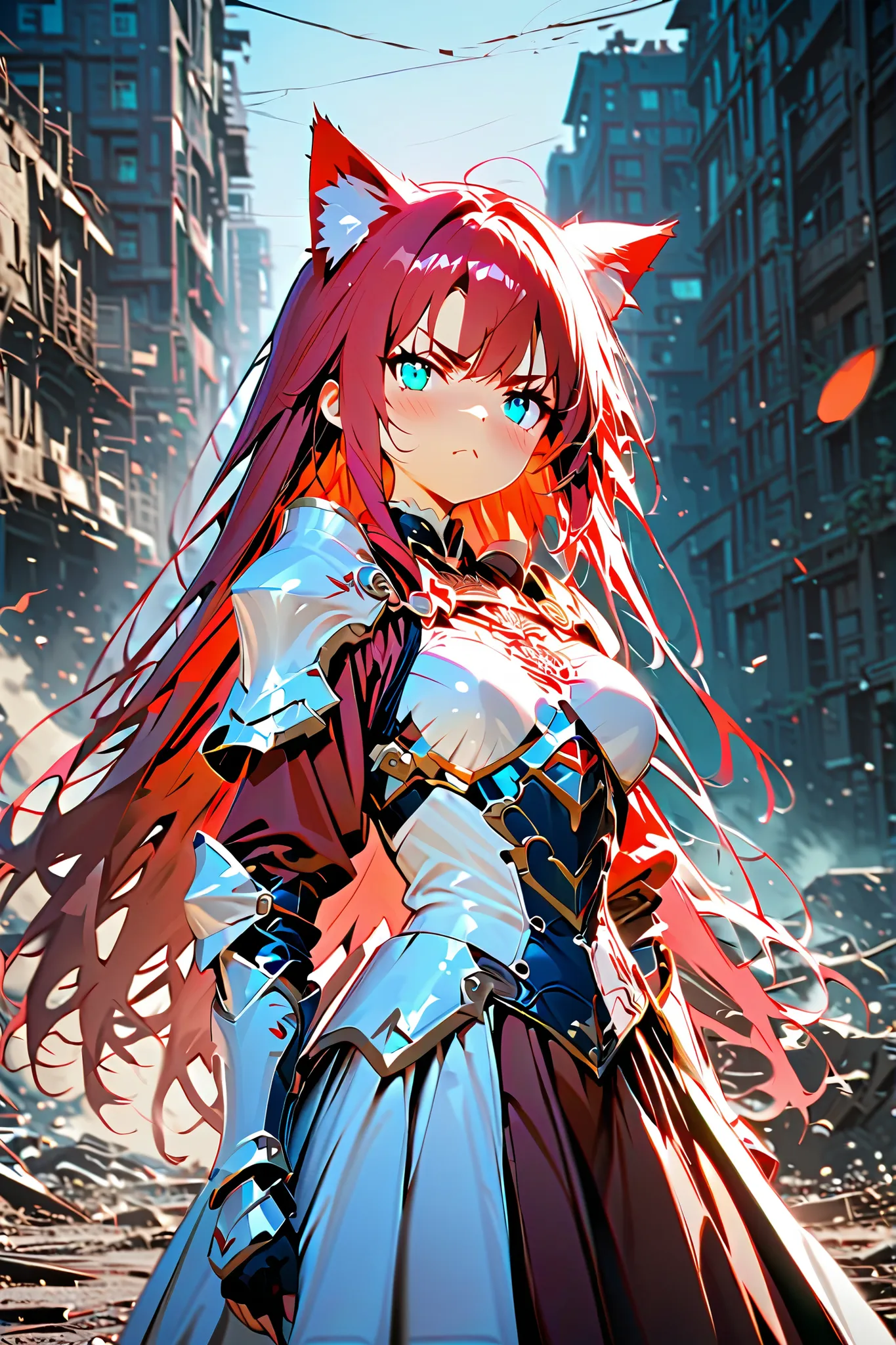 Girl using a weapon 、
1 girl,  Serious Expressions、 long hair,      Cat ears、  Jade Eyes,  cute face、Armed Girl、 white armor 、 Exquisite white gauntlets 、Exquisite shin rest、Brilliant Armor 、  Intense expression、intense battle scenes、bright color、Strong St...