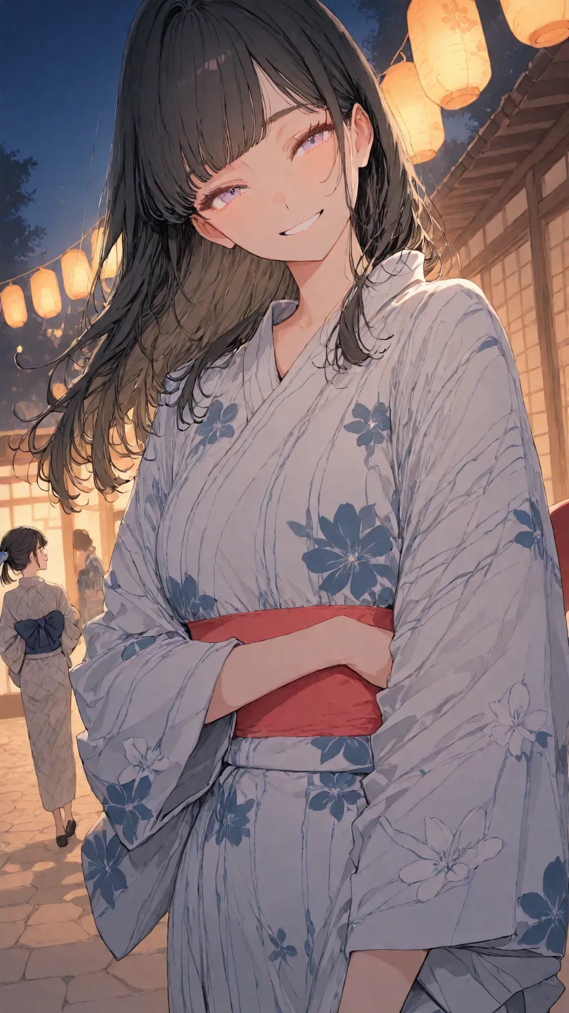 womanhood, yukata, dark haired, Smile,   wind chimes,  