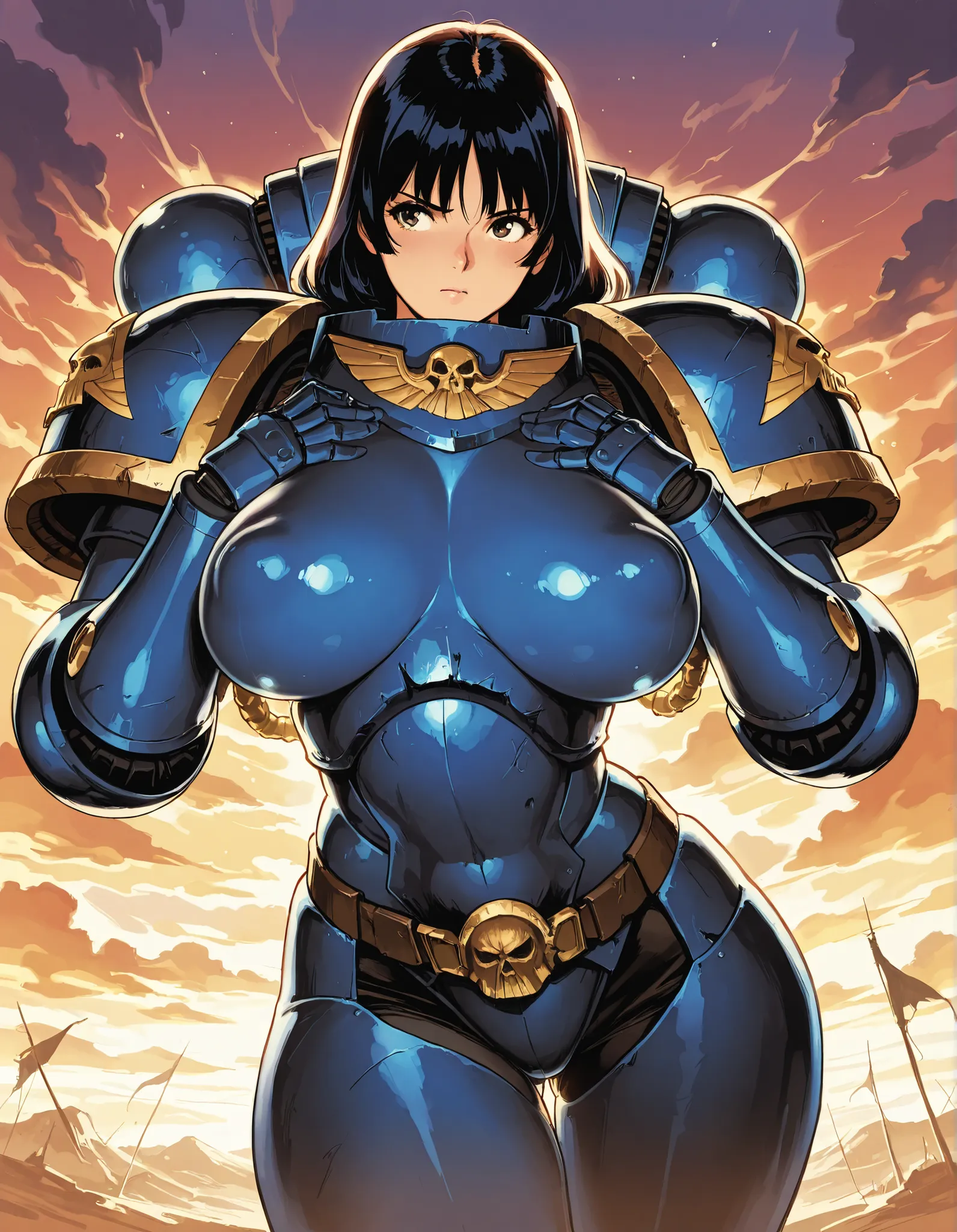 Anime source, (masterpiece), best quality, stunningly girl, glamorous, Anime illustration, stylized, pulp art, beautiful composition, ASTARTES WARRIOR girl, ADVANCED BATTLE-FIELD WAR, WAR DUST FIELD, FULL ARMOR ASTARTES woman , OPENED CHEST ARMOR, (banger ...