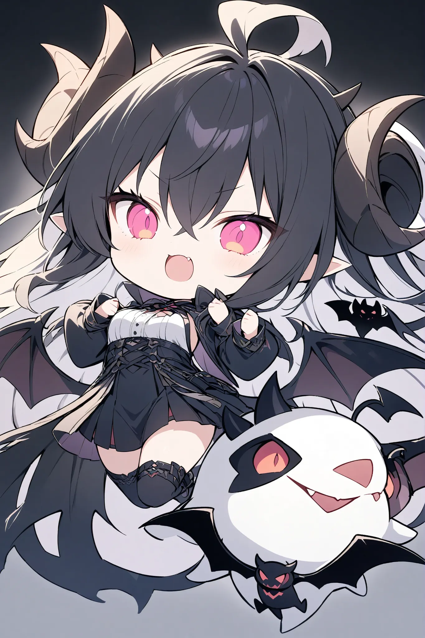A palm-sized demon. A threatening demon. A chibi character. It has twisted goat horns on its head and bat wings growing from its back. Very cute.
