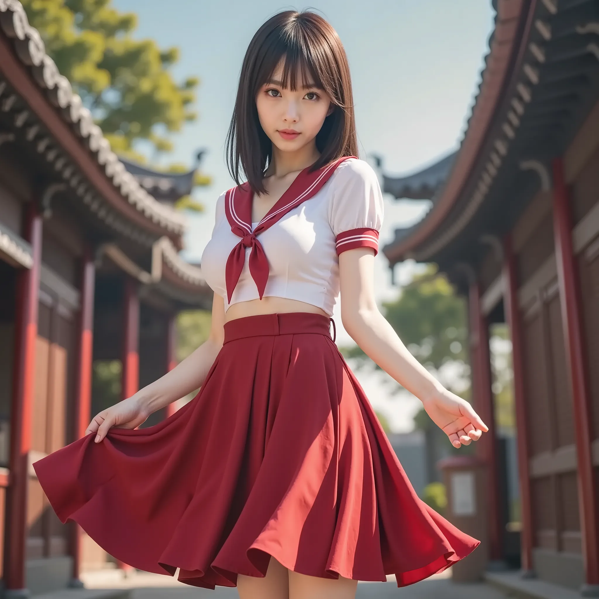 (((low angle shot、Skirt fluttering in the wind)))、(((Surrealistic、top quality、最高masterpiece、ultra high resolution)))、(realistic:1 . 4)、original pictures、(Real skin texture:1 . 3)、(Japanese Top Idol)、((with the atmosphere of summoning demons from the magic ...