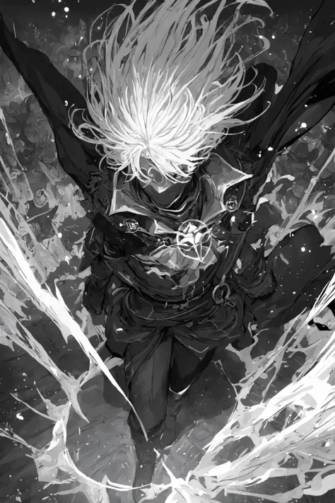 masterpiece, best quality,1 boyl,best quality,heroic pose,dynamic angle,dynamic sea background,with epic effect, high angle shot,like CCTV footage, outward flow of magic or particles, face clearly visible, character illuminated from within,Pirates,black &...